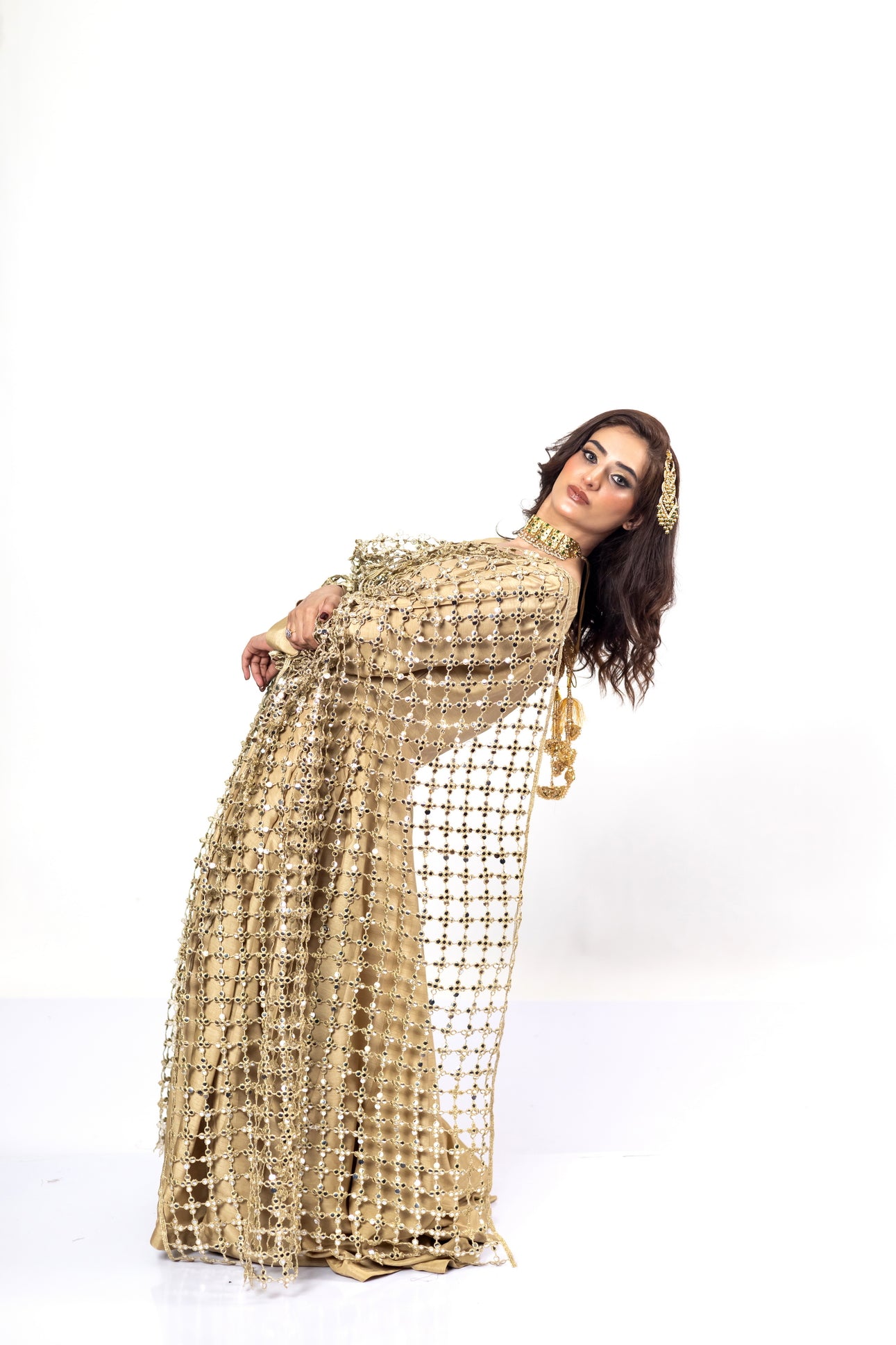 MariamRaj Gold Designer Frock & Gharara Bridal Set with Pushida Dupatta