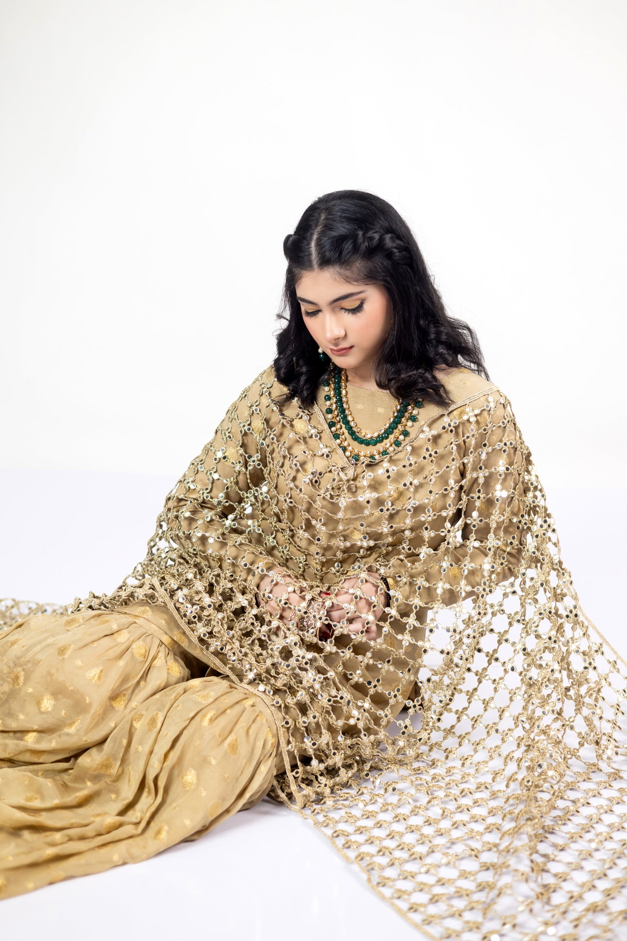 MariamRaj Gold Designer Frock & Gharara Bridal Set with Pushida Dupatta