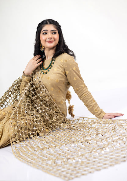 MariamRaj Gold Designer Frock & Gharara Bridal Set with Pushida Dupatta