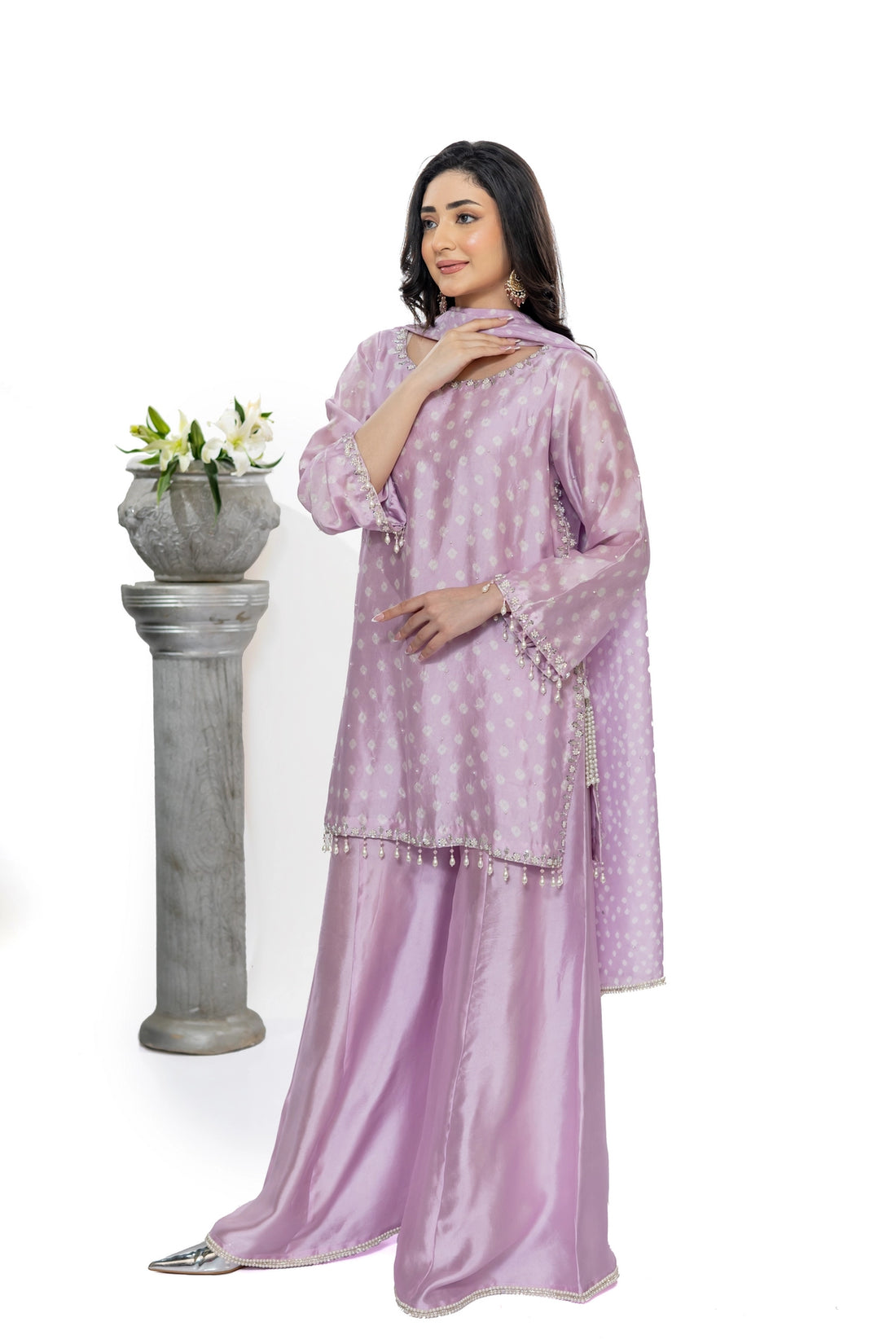 Preity lavender Sheesha silk palazzo suit with chunri dupatta and handwork by MariamRaj