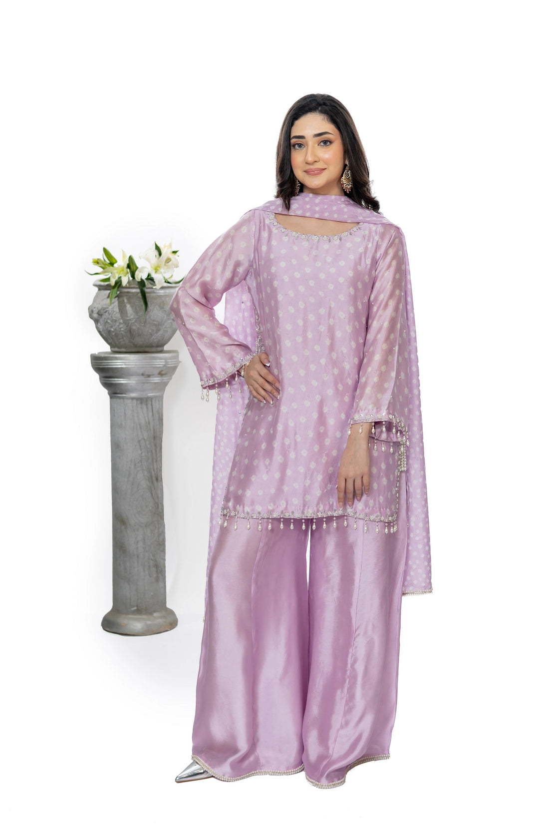 Preity lavender Sheesha silk palazzo suit with chunri dupatta and handwork by MariamRaj