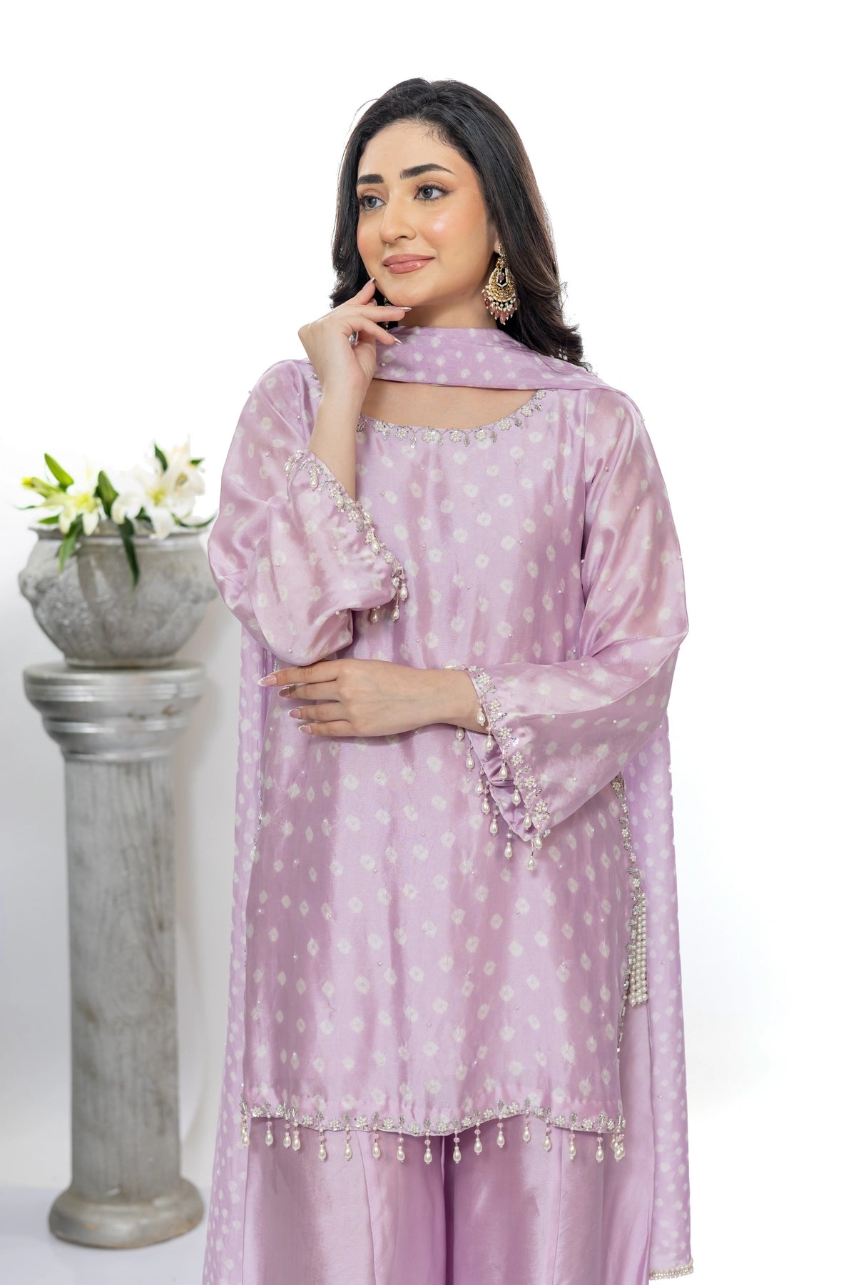 Preity lavender Sheesha silk palazzo suit with chunri dupatta and handwork by MariamRaj