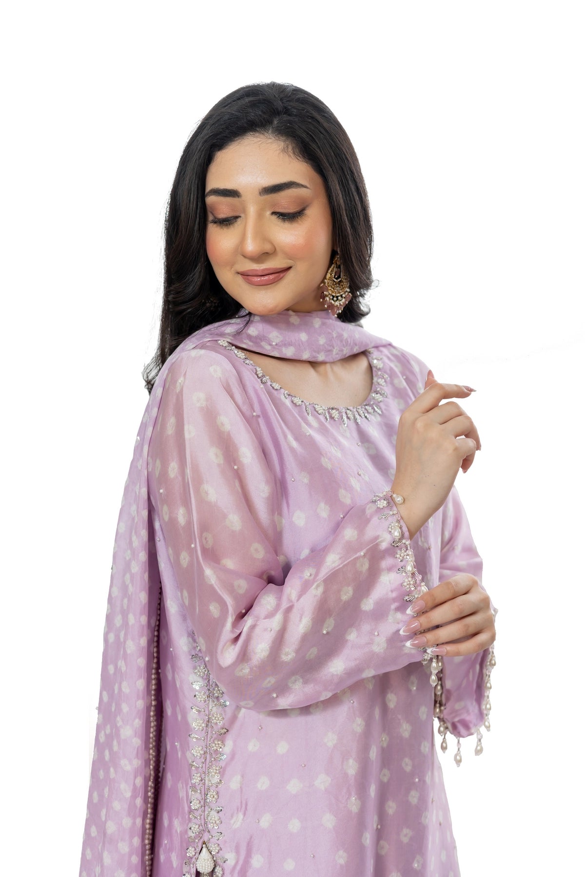 Preity lavender Sheesha silk palazzo suit with chunri dupatta and handwork by MariamRaj