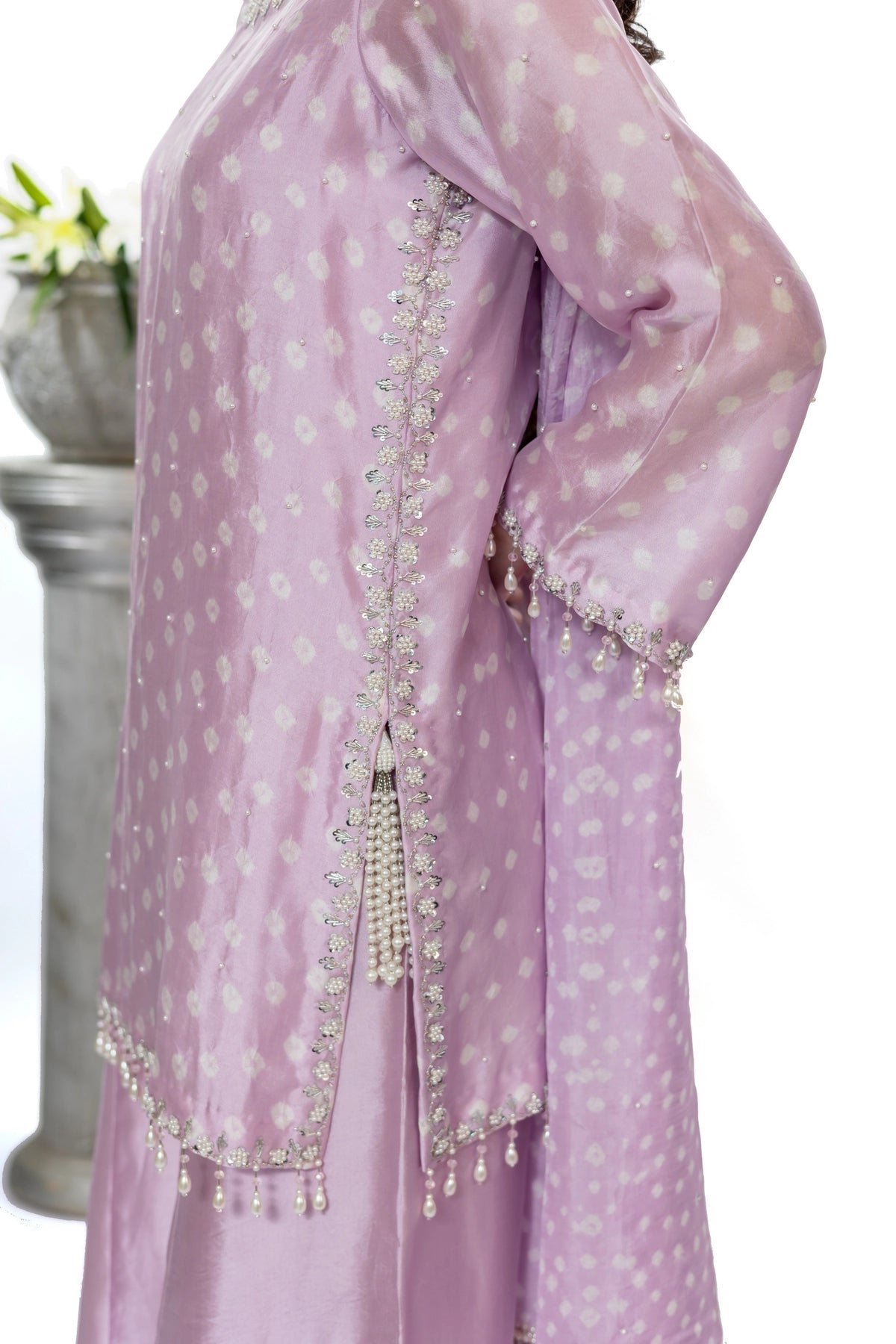 Preity lavender Sheesha silk palazzo suit with chunri dupatta and handwork by MariamRaj