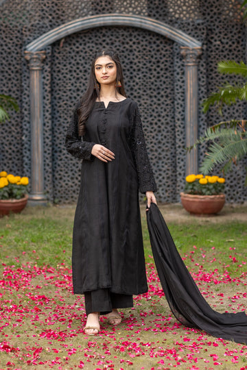 Rani black Eid party wear raw silk 3PC with crystal buttons and lace panels