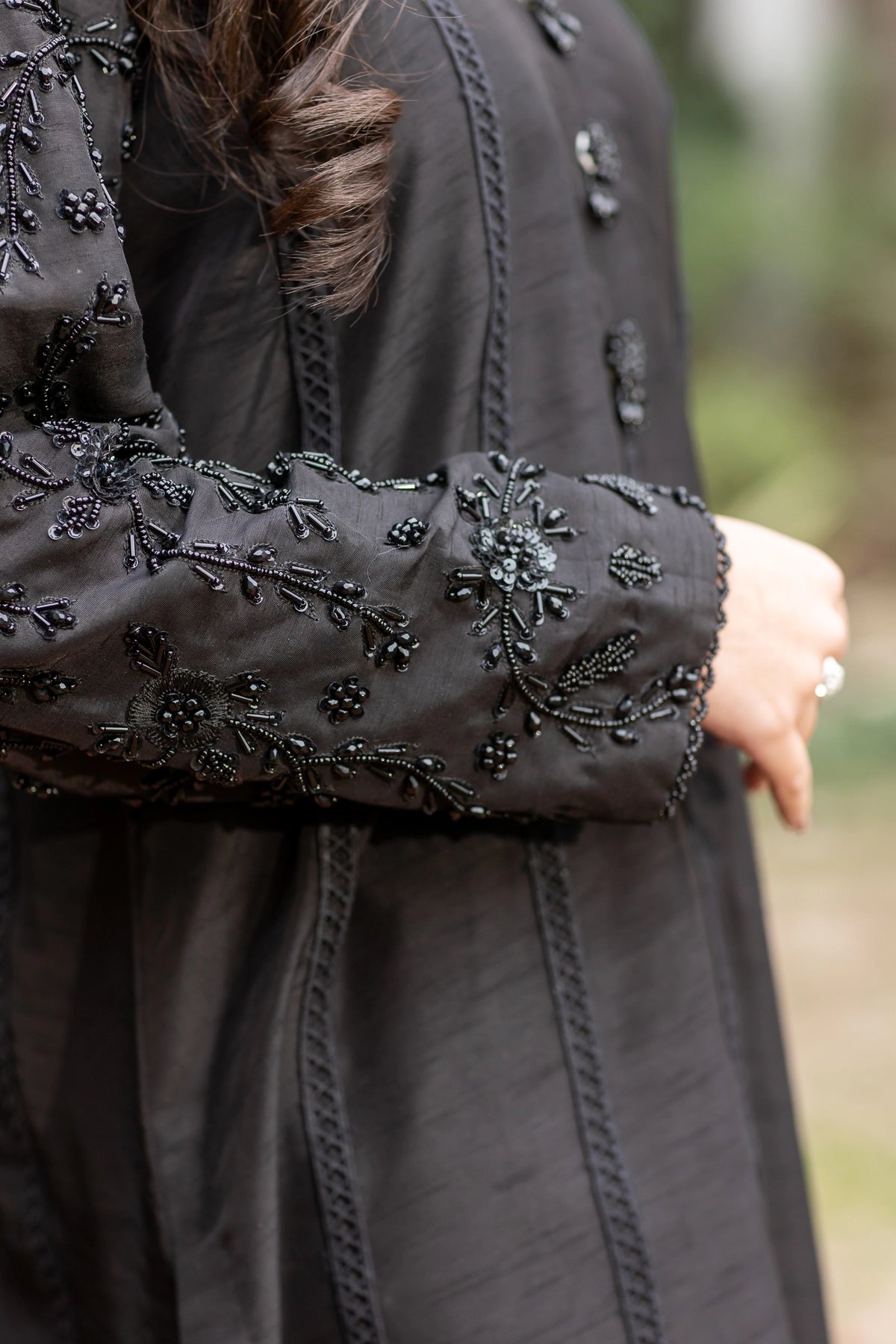 Rani black Eid party wear raw silk 3PC with crystal buttons and lace panels