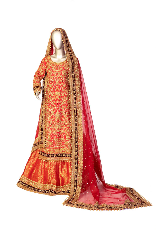 Red bridal lehenga outfit by MariamRaj featuring embroidered kameez, gold-detailed lehenga, and net dupatta with golden ball edging – ideal for Pakistani barat weddings.