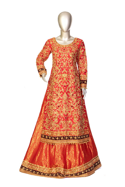 Red bridal lehenga outfit by MariamRaj featuring embroidered kameez, gold-detailed lehenga, and net dupatta with golden ball edging – ideal for Pakistani barat weddings.