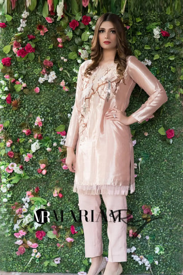 Rose Pink- Luxury Embroidered Tissue Shirt with Silk Pants