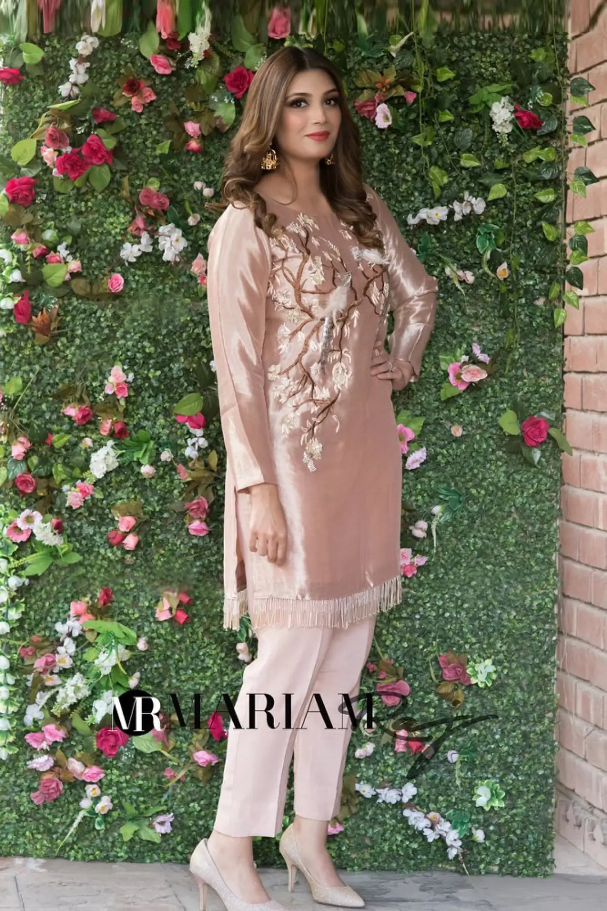 Rose Pink- Luxury Embroidered Tissue Shirt with Silk Pants