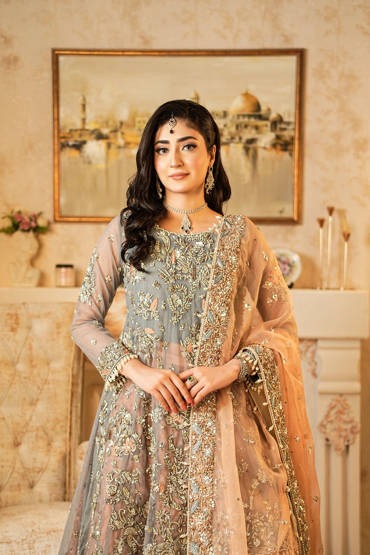 Roshaneh grey embellished net wedding dress with peach sheesha silk sharara and organza dupatta