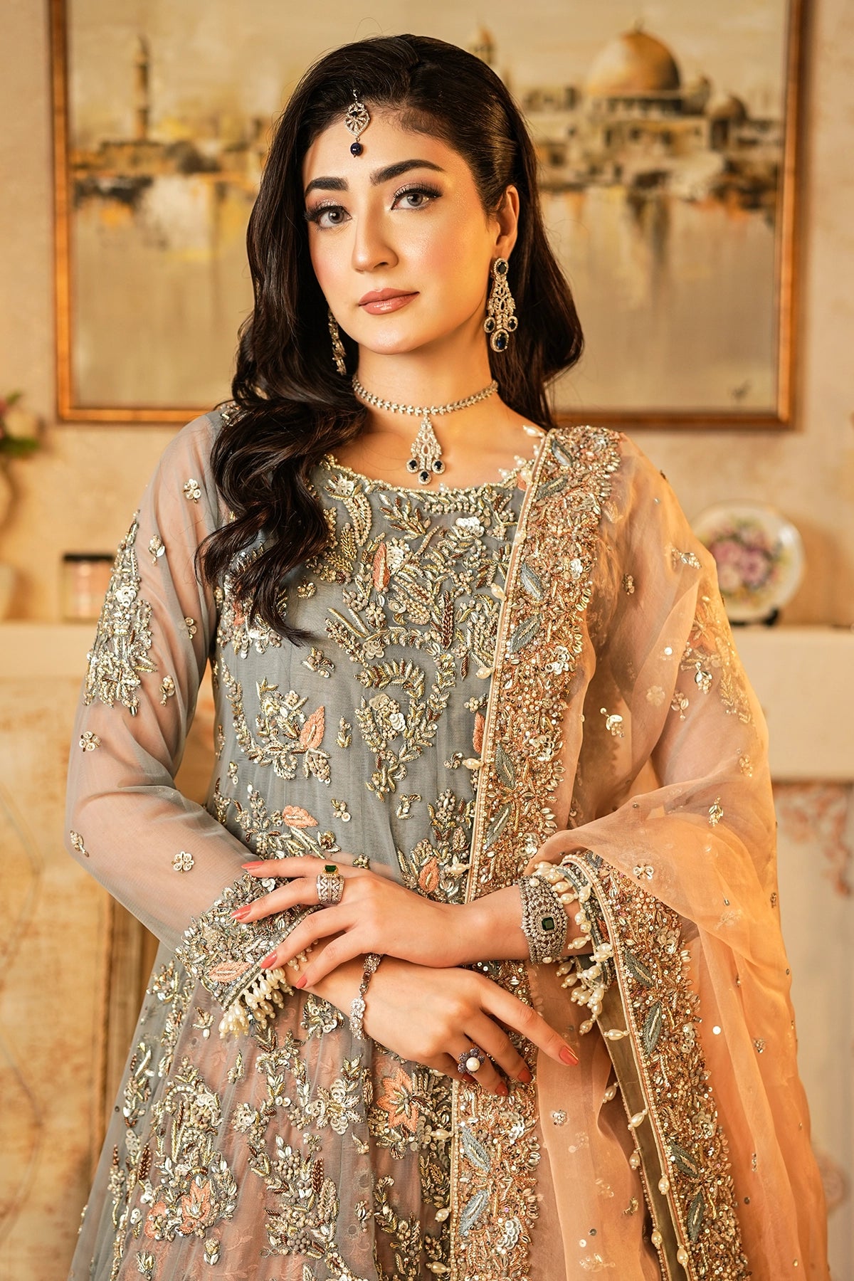Roshaneh grey embellished net wedding dress with peach sheesha silk sharara and organza dupatta