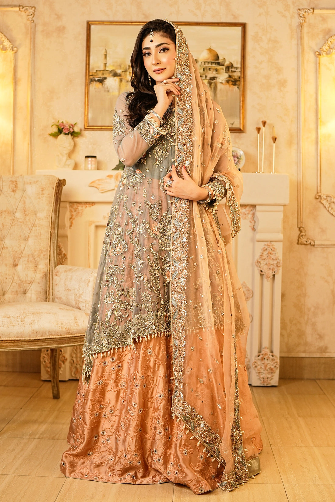 Roshaneh grey embellished net wedding dress with peach sheesha silk sharara and organza dupatta