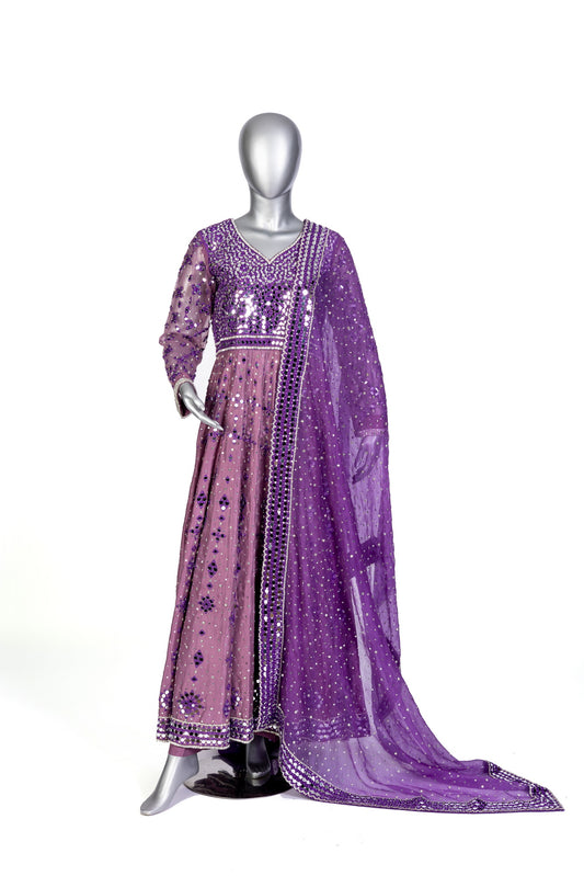 Purple Raw Silk Anarkali with Mirror & Hand Embroidery – Wedding Formal
