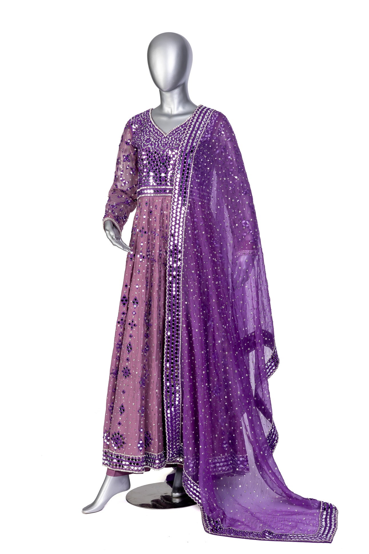 Purple Raw Silk Anarkali with Mirror & Hand Embroidery – Wedding Formal