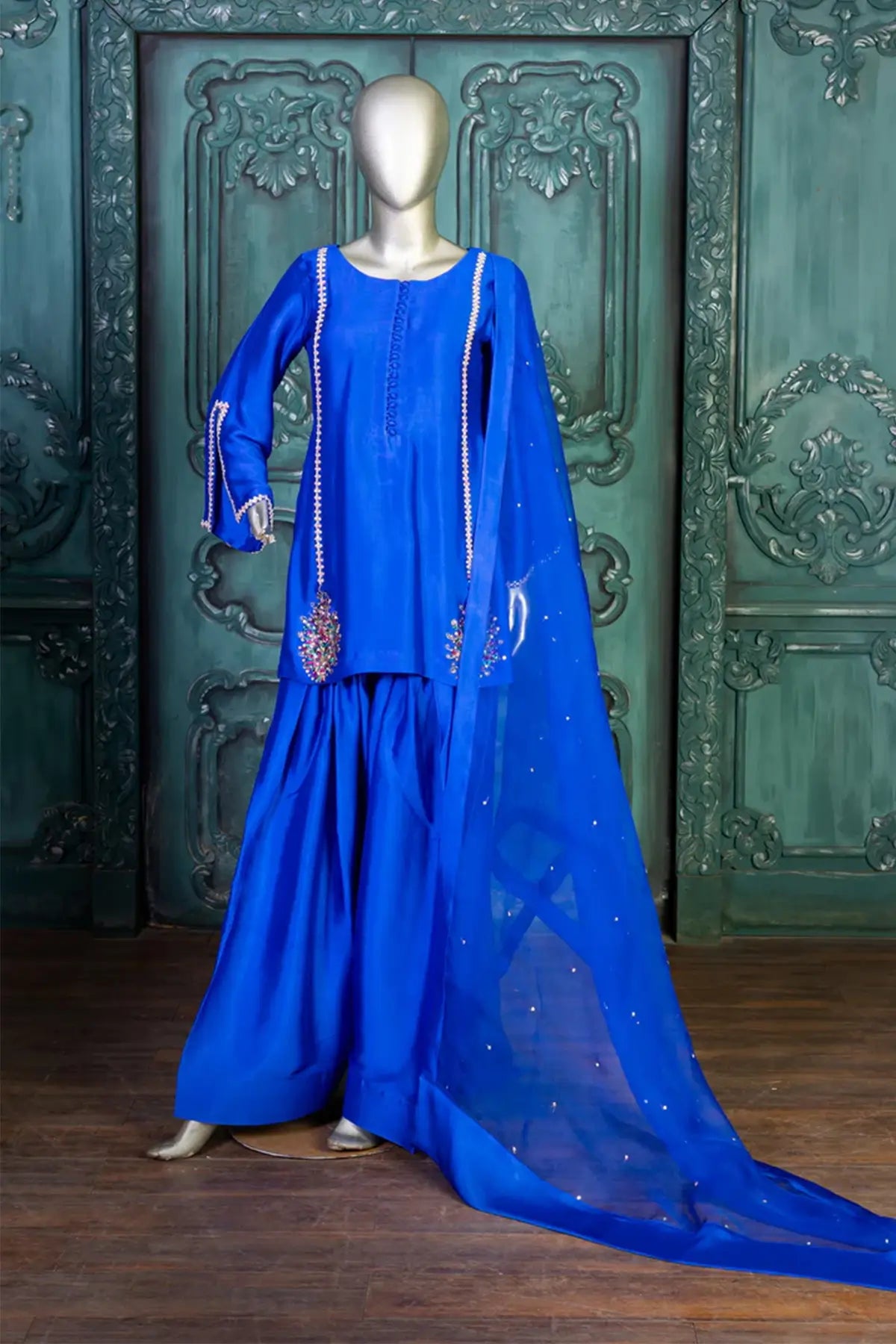 Roya-Handworked Blue Silk Suit with Farshi Shalwar & Organza Dupatta
