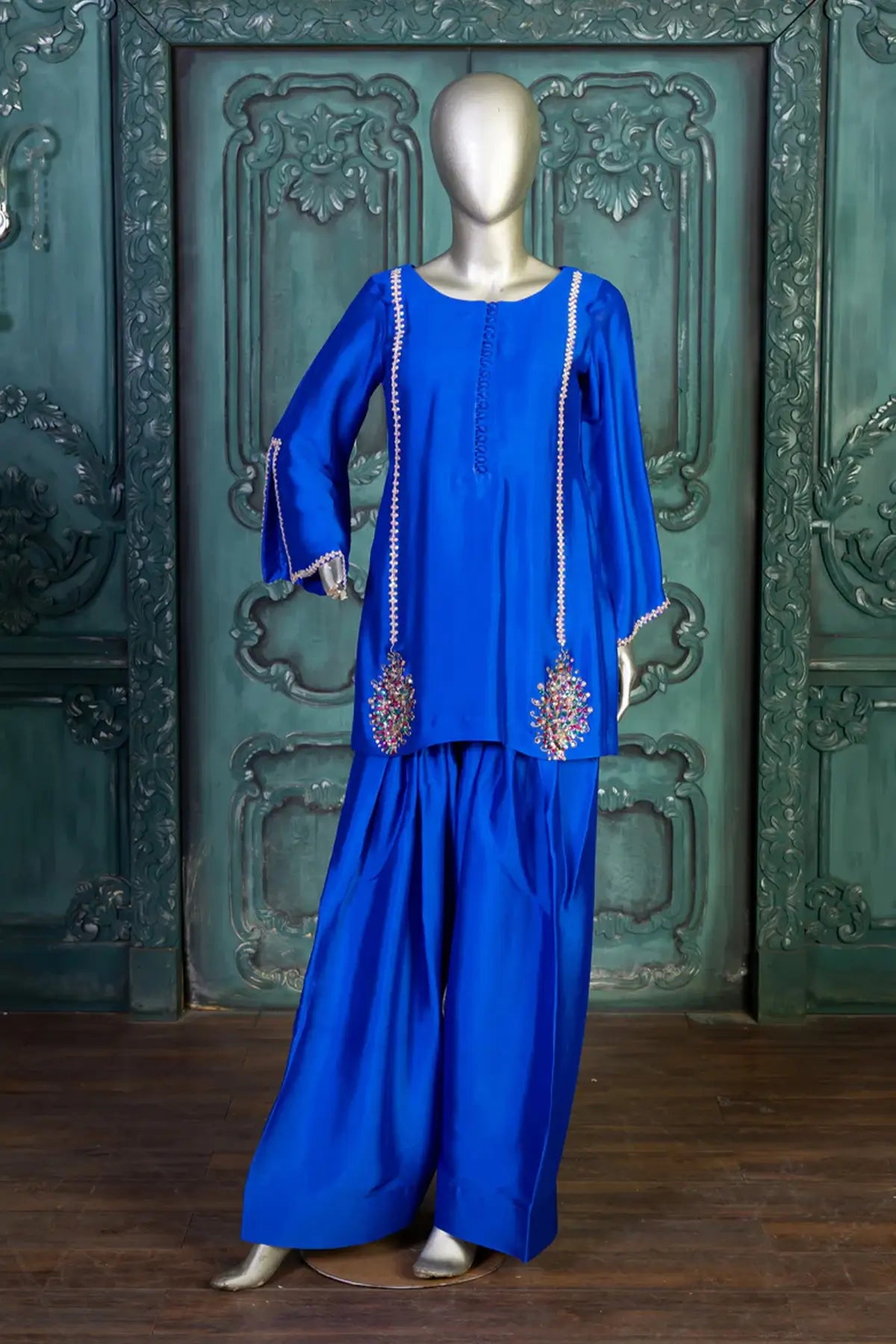 Roya-Handworked Blue Silk Suit with Farshi Shalwar & Organza Dupatta