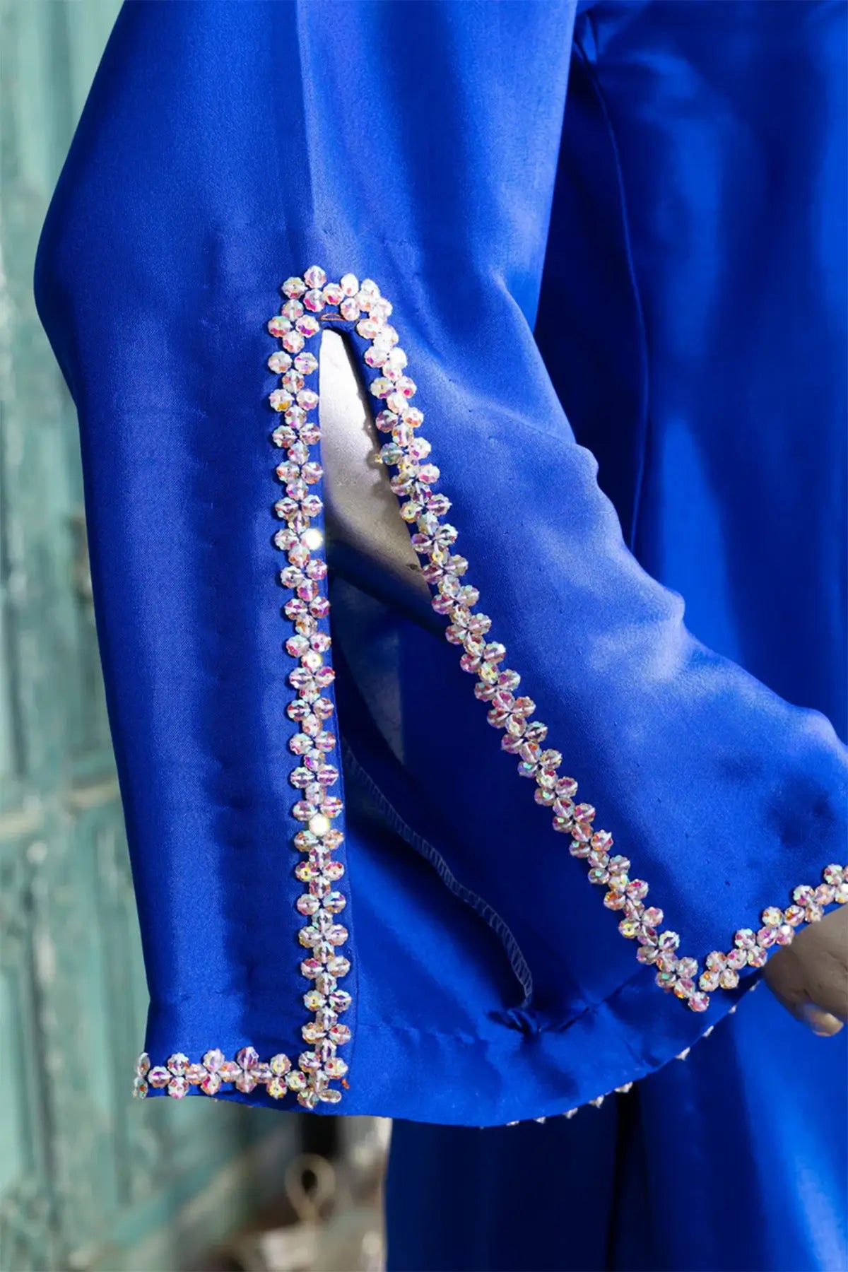 Roya-Handworked Blue Silk Suit with Farshi Shalwar & Organza Dupatta