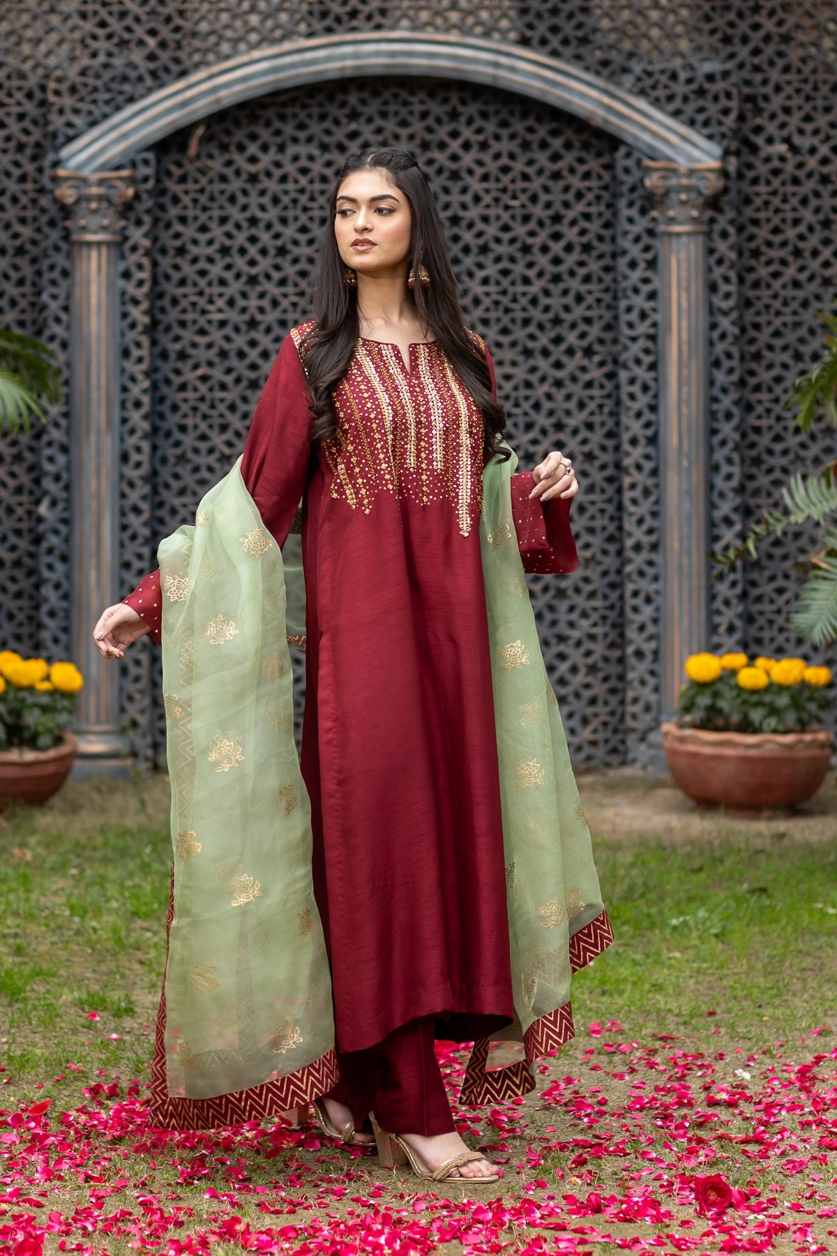 Rubab maroon & mint green raw silk 3PC Eid Edit 2026 by MariamRaj