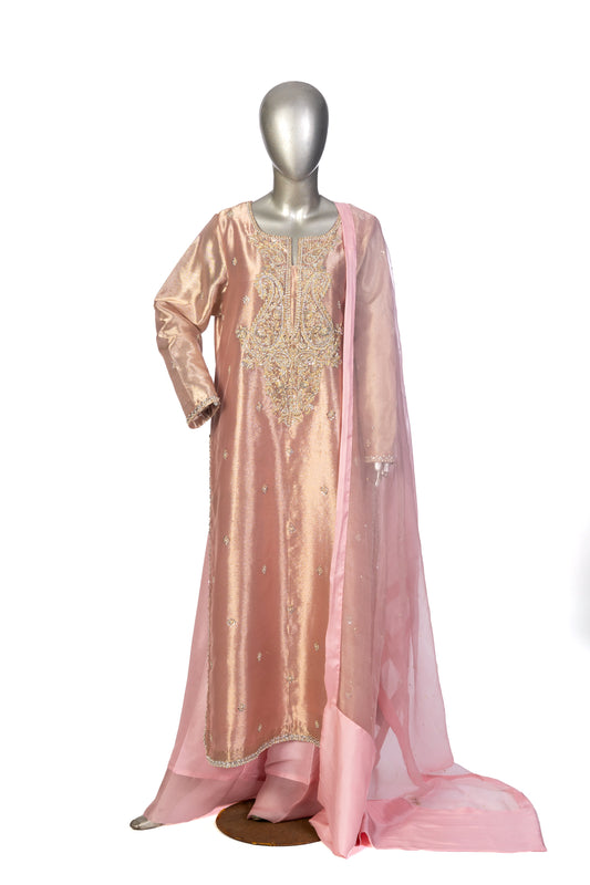 Ruhi by MariamRaj – Rose Gold Designer Dress with Tissue Shirt, Silk Pants & Organza Dupatta for Formal Events