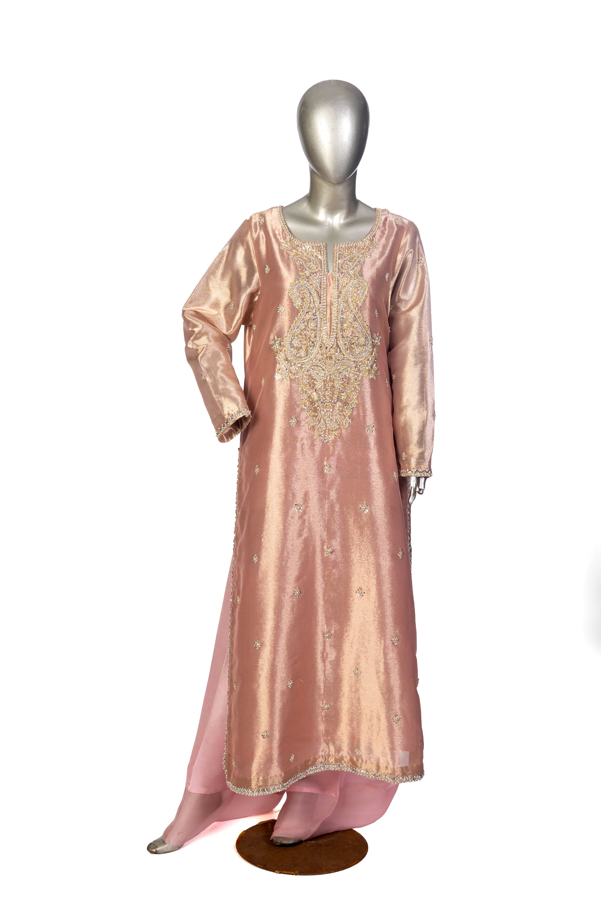 Ruhi by MariamRaj – Rose Gold Designer Dress with Tissue Shirt, Silk Pants & Organza Dupatta for Formal Events