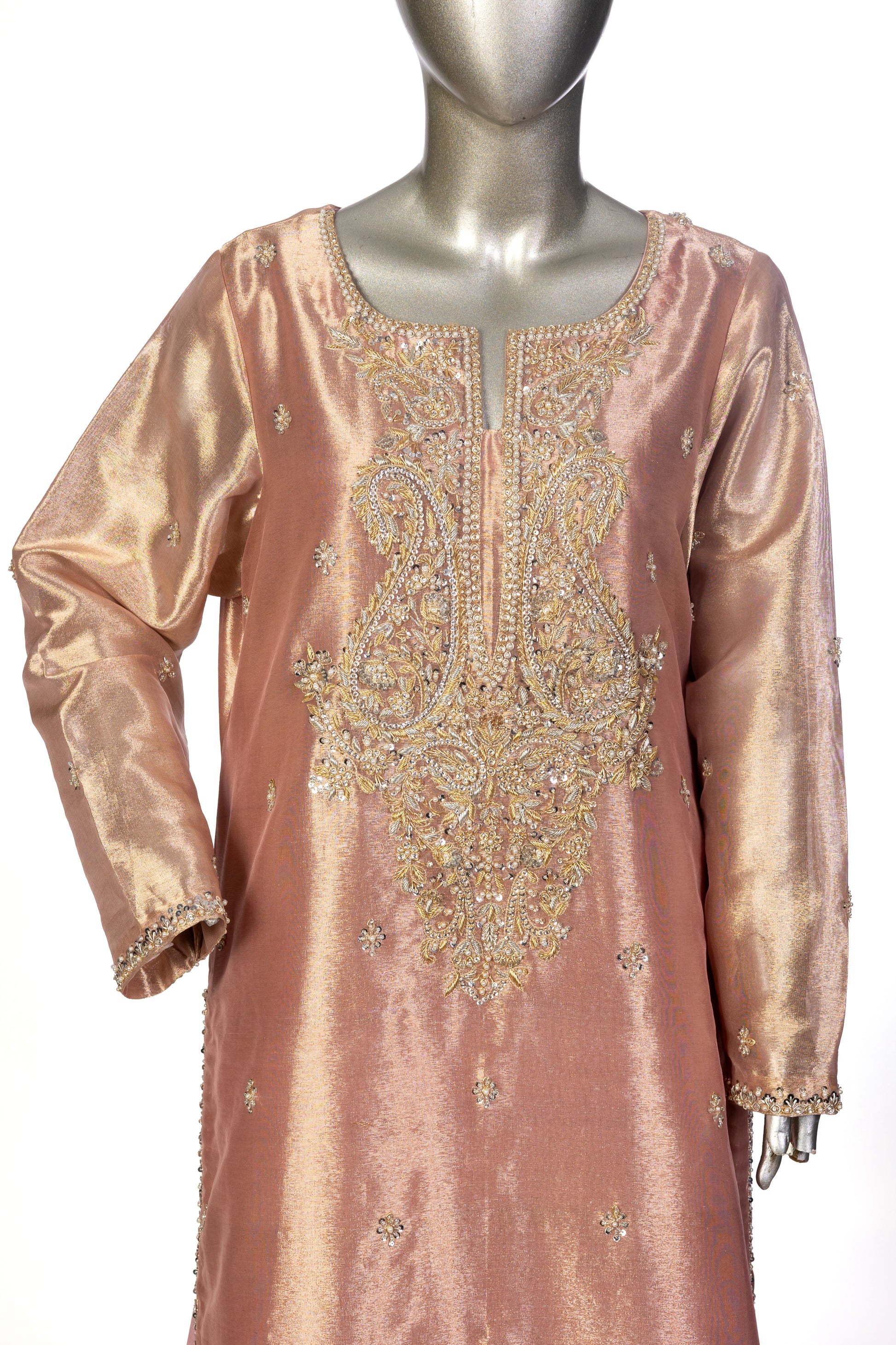 Ruhi by MariamRaj – Rose Gold Designer Dress with Tissue Shirt, Silk Pants & Organza Dupatta for Formal Events