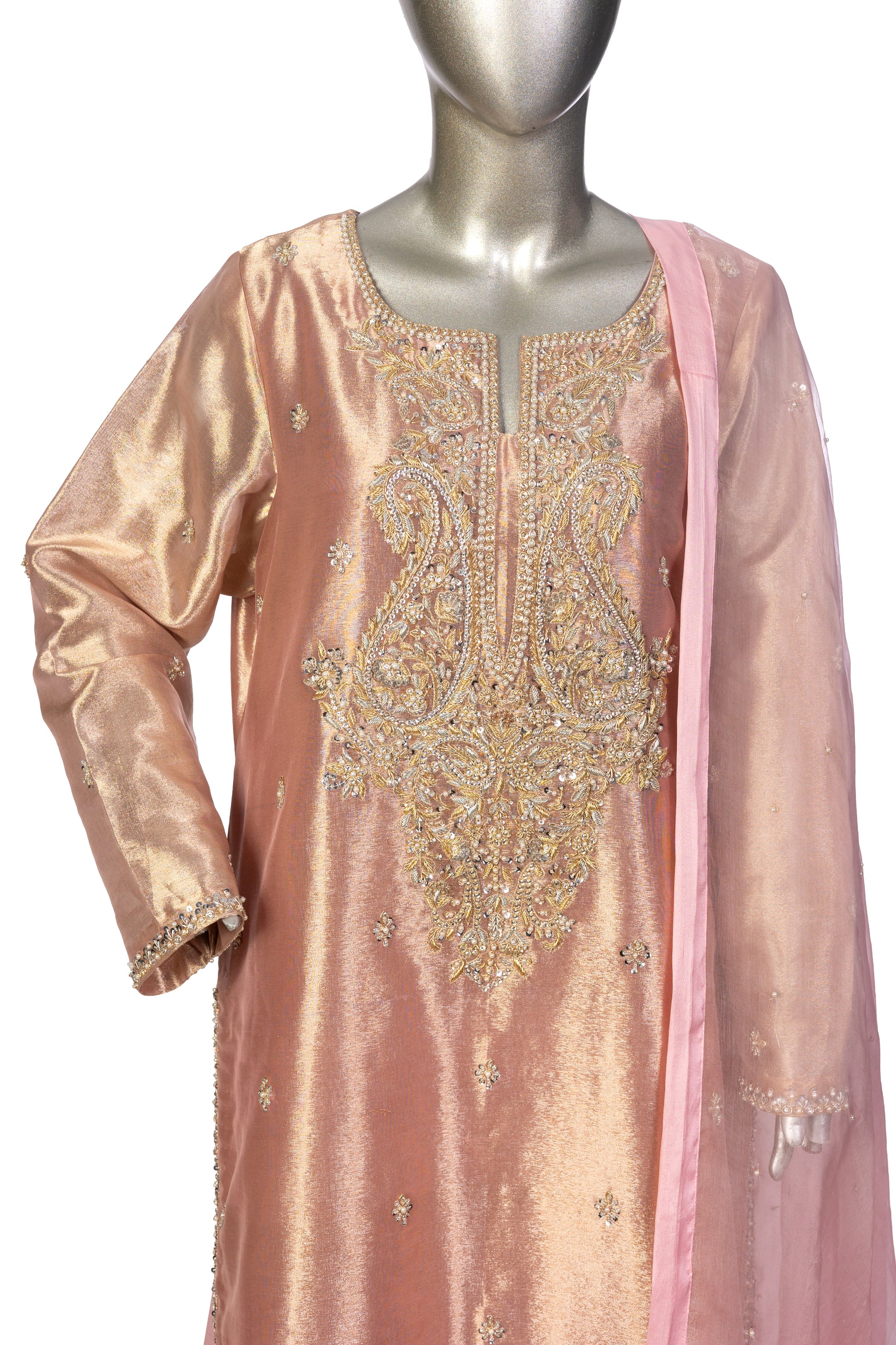 Ruhi by MariamRaj – Rose Gold Designer Dress with Tissue Shirt, Silk Pants & Organza Dupatta for Formal Events