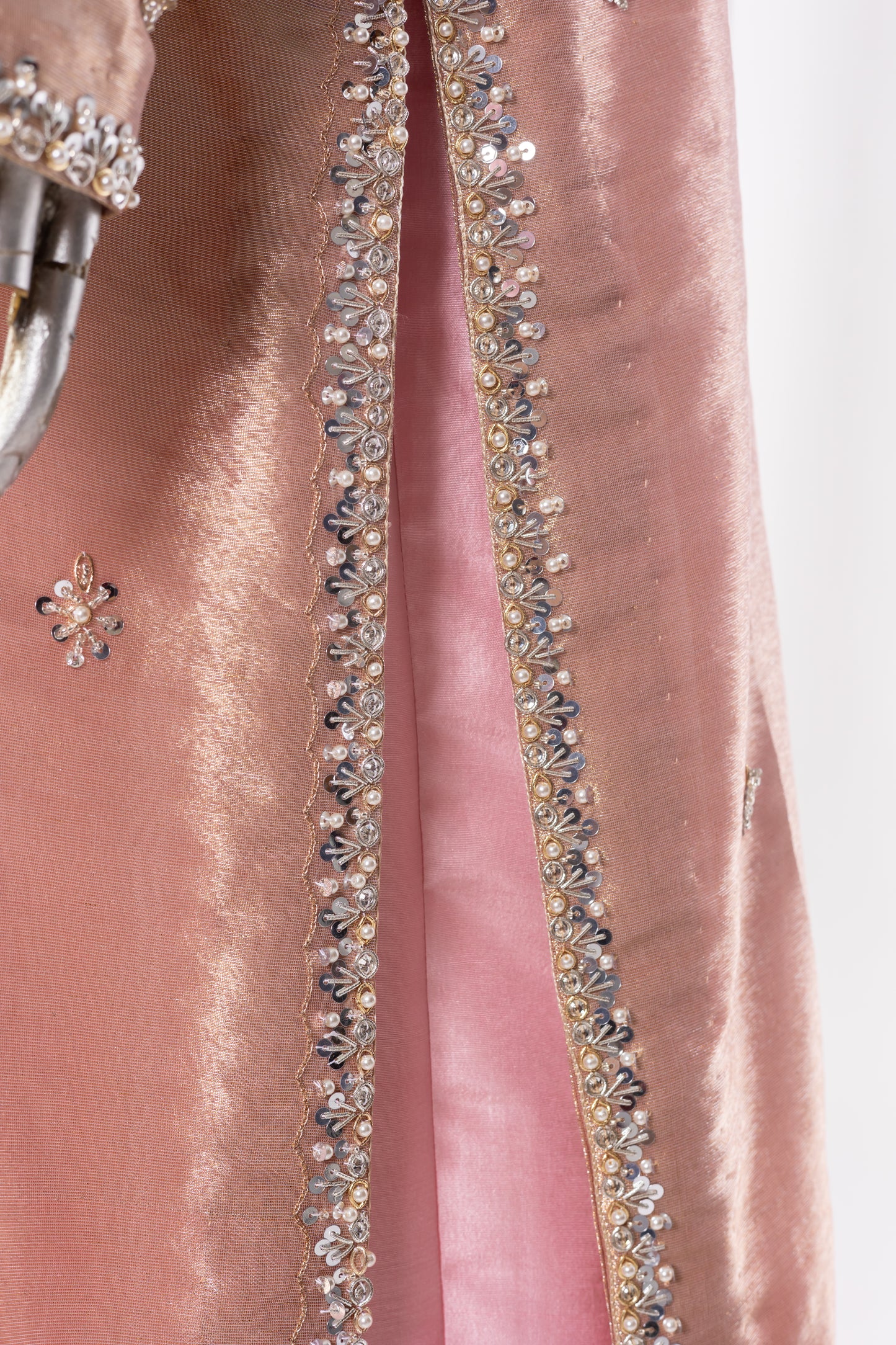 Ruhi by MariamRaj – Rose Gold Designer Dress with Tissue Shirt, Silk Pants & Organza Dupatta for Formal Events