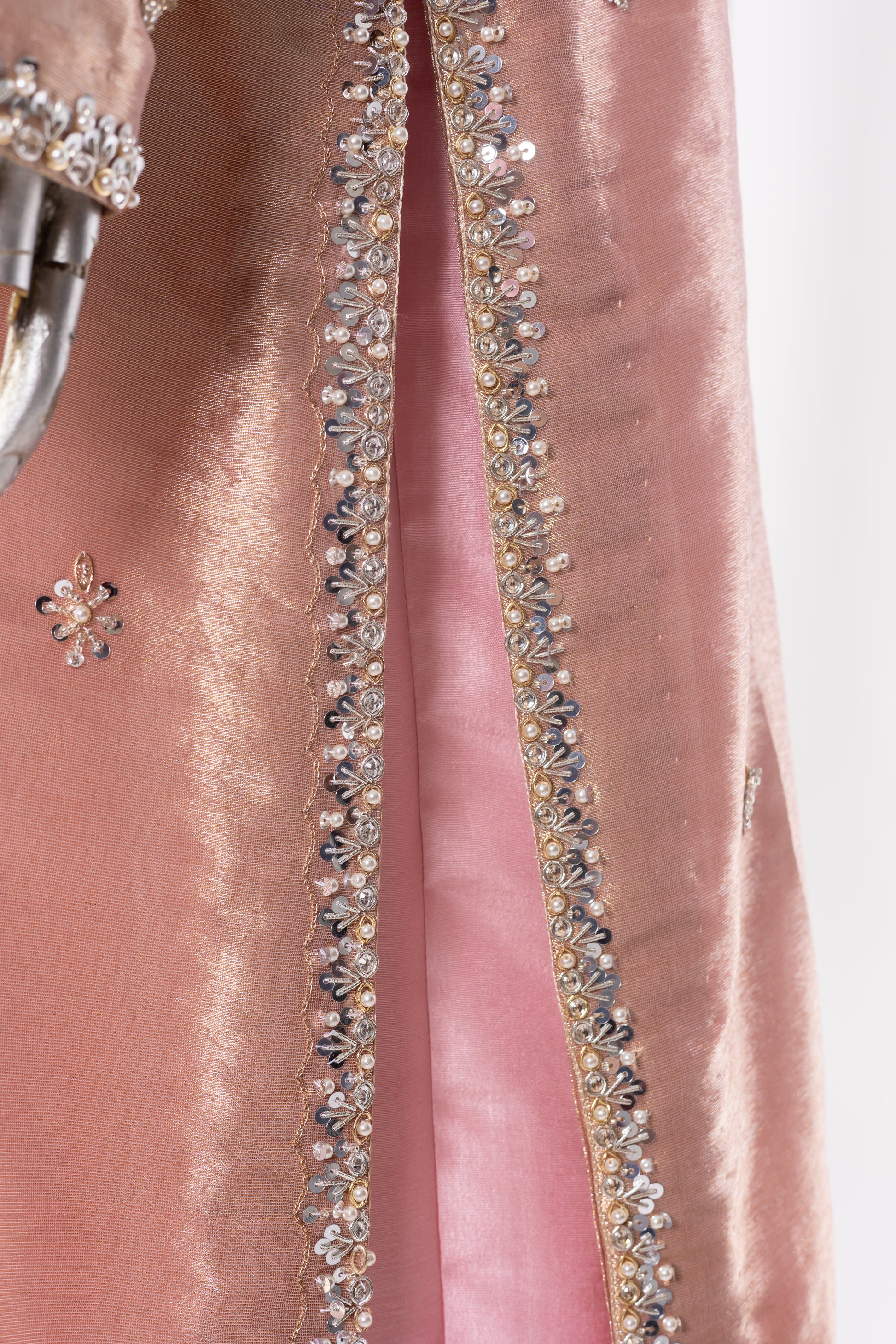 Ruhi by MariamRaj – Rose Gold Designer Dress with Tissue Shirt, Silk Pants & Organza Dupatta for Formal Events