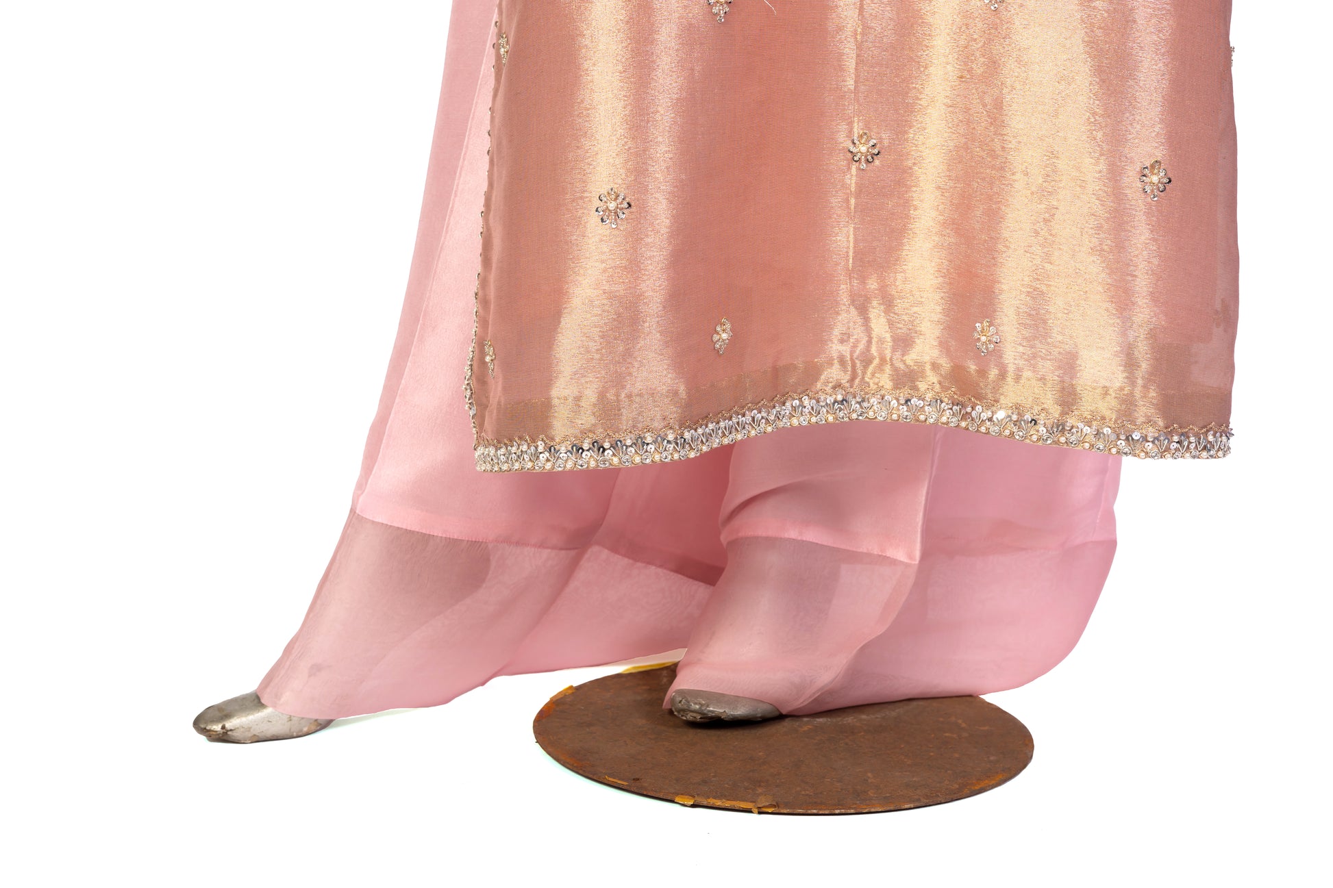 Ruhi by MariamRaj – Rose Gold Designer Dress with Tissue Shirt, Silk Pants & Organza Dupatta for Formal Events