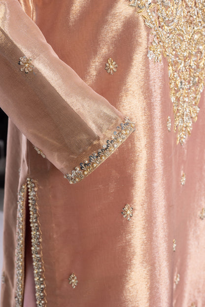 Ruhi by MariamRaj – Rose Gold Designer Dress with Tissue Shirt, Silk Pants & Organza Dupatta for Formal Events