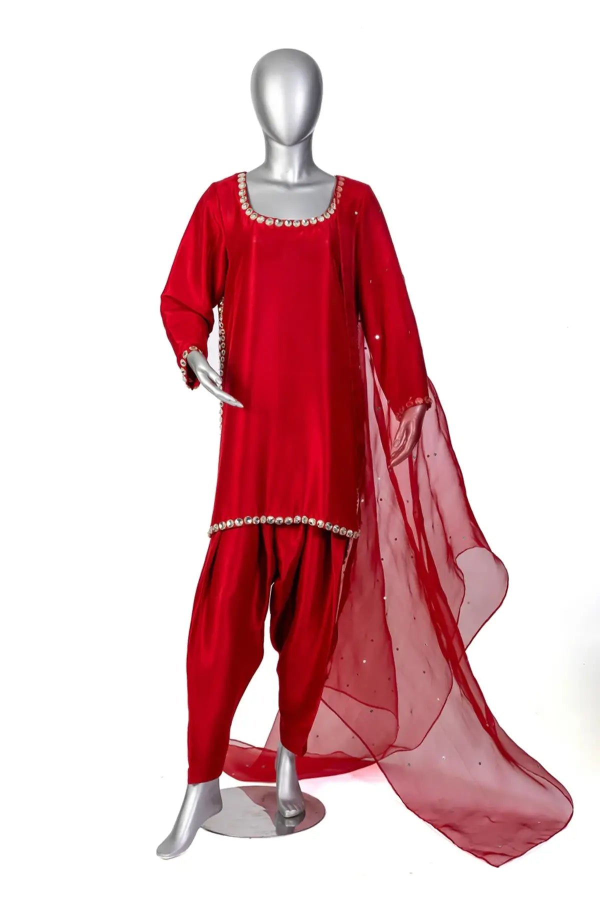 Sabeen – Elegant Handcrafted Red Silk Suit for Everyday Casual Wear