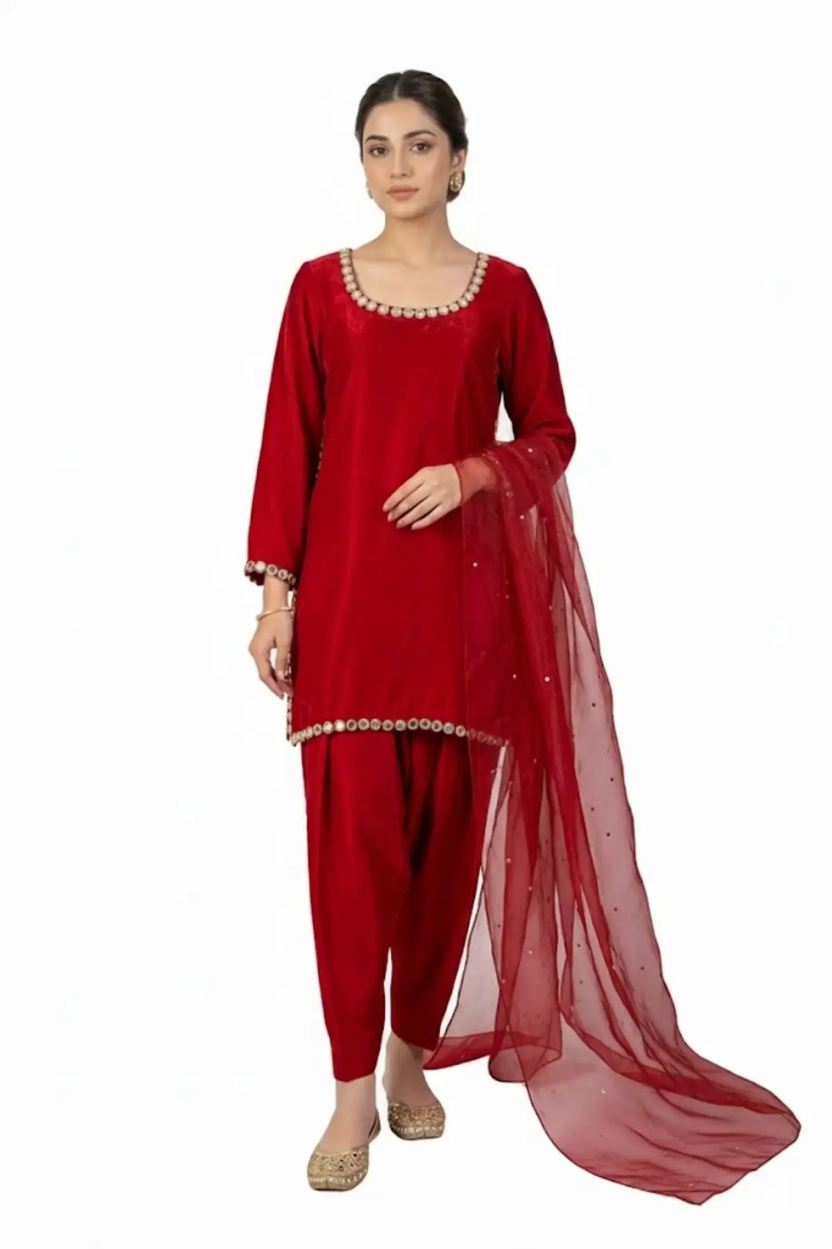 Sabeen – Elegant Handcrafted Red Silk Suit for Everyday Casual Wear