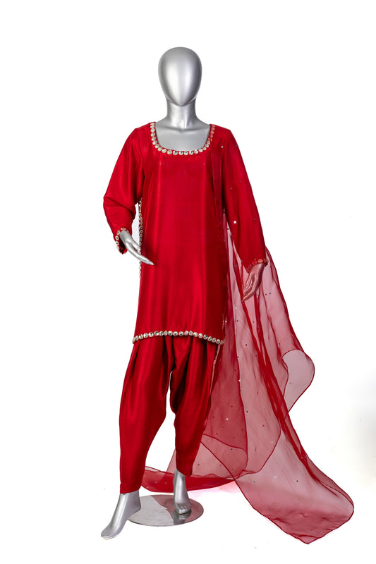 Sabeen red silk suit handcrafted with stone embellishments and organza dupatta for casual day wear by MariamRaj