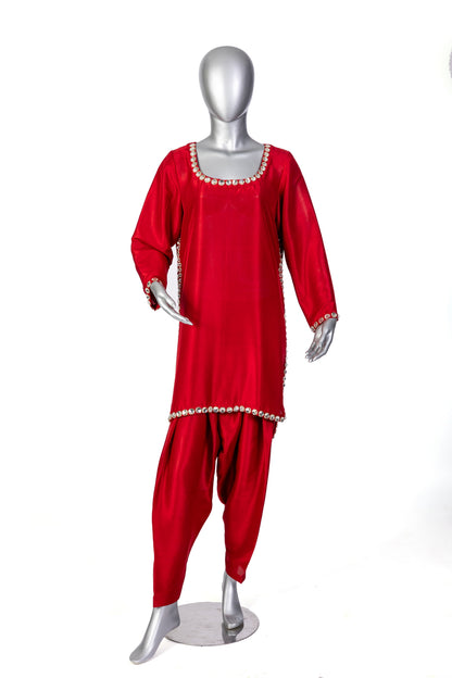 Sabeen red silk suit handcrafted with stone embellishments and organza dupatta for casual day wear by MariamRaj