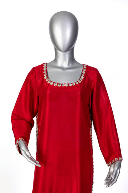 Sabeen red silk suit handcrafted with stone embellishments and organza dupatta for casual day wear by MariamRaj
