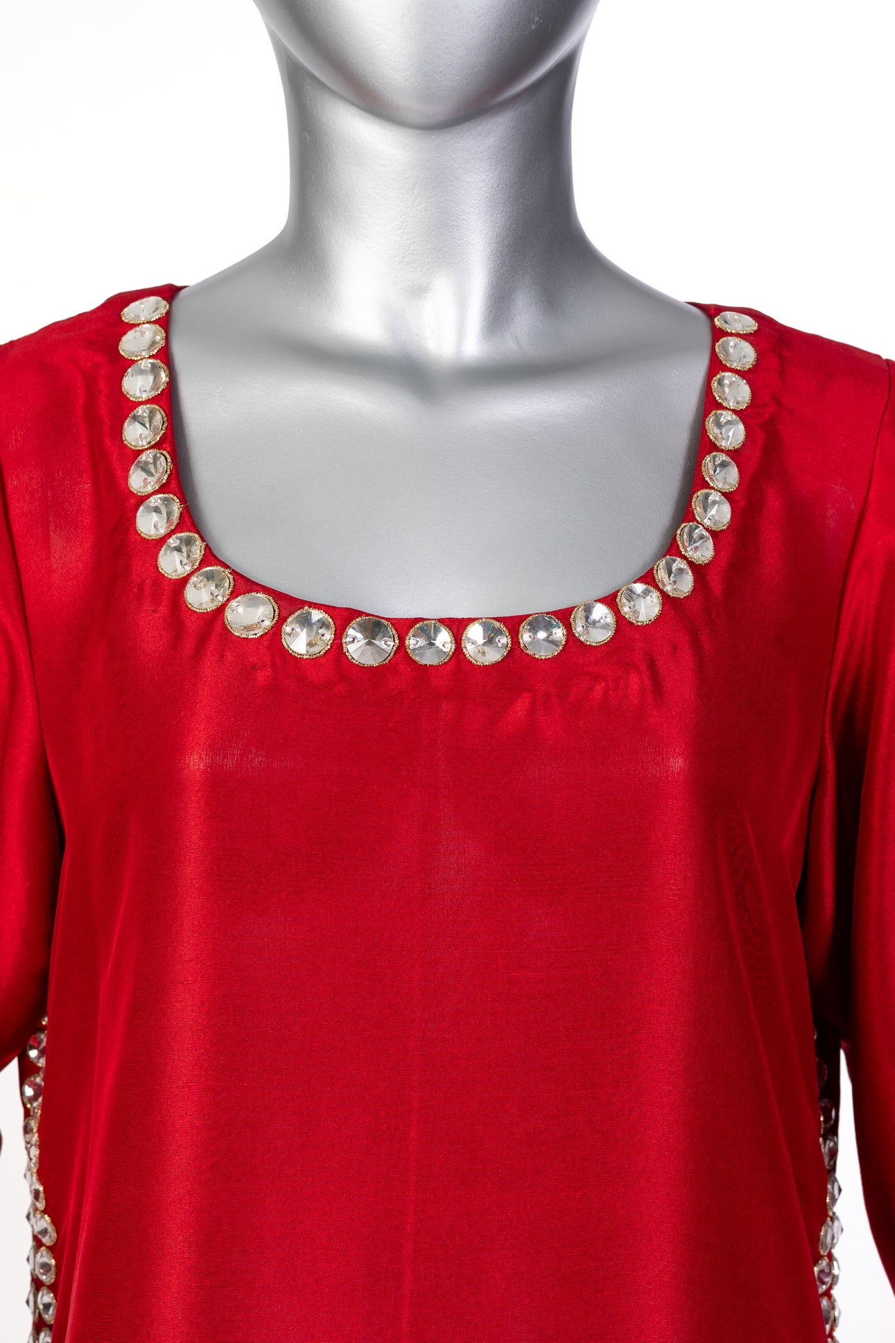 Sabeen red silk suit handcrafted with stone embellishments and organza dupatta for casual day wear by MariamRaj