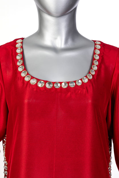 Sabeen red silk suit handcrafted with stone embellishments and organza dupatta for casual day wear by MariamRaj