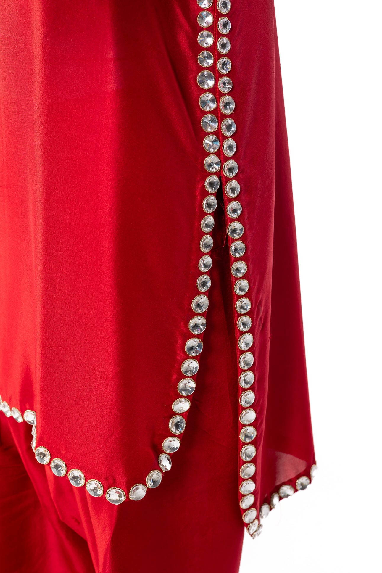 Sabeen red silk suit handcrafted with stone embellishments and organza dupatta for casual day wear by MariamRaj