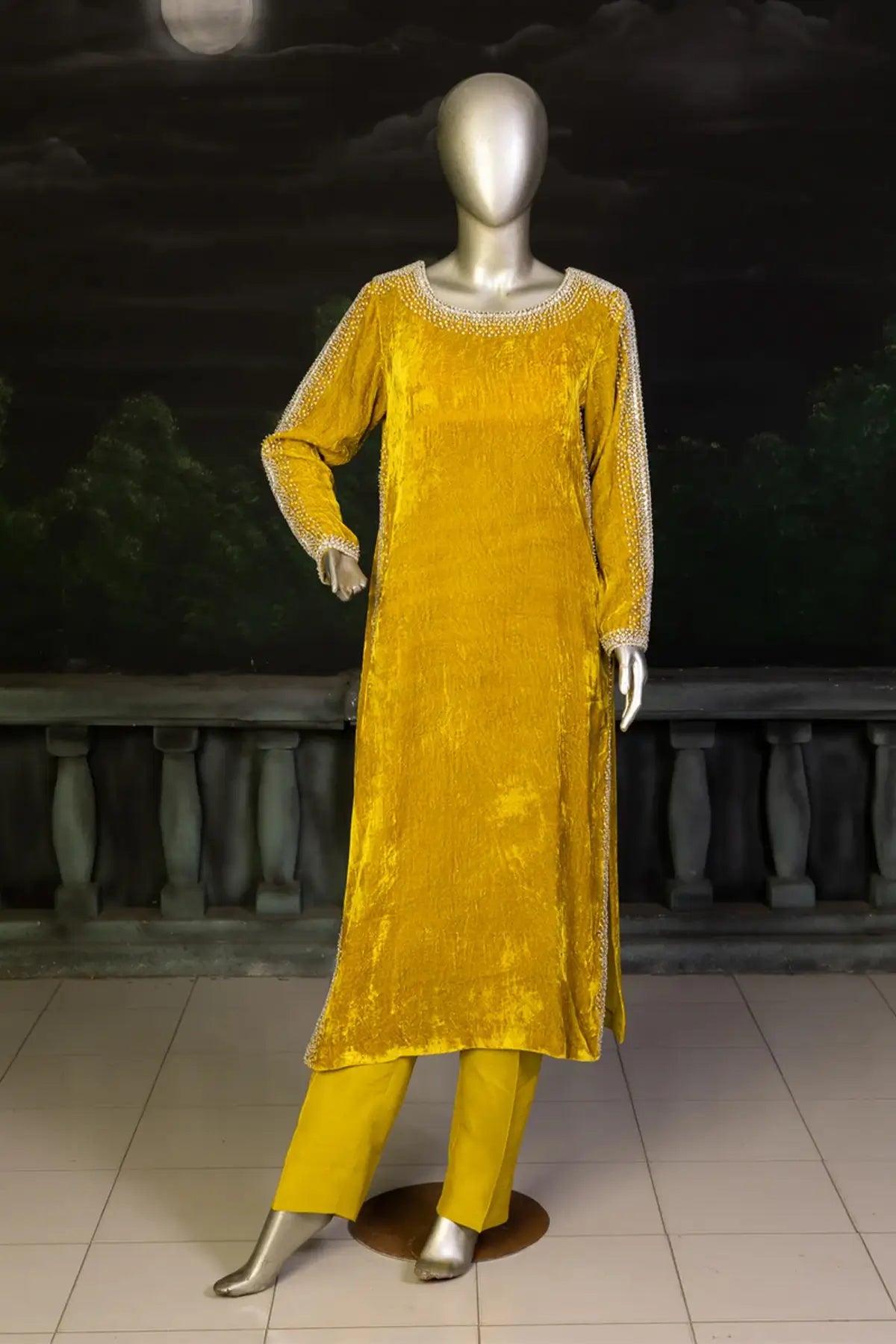 Saffron Glow- Embellished Velvet Straight Shirt Outfit