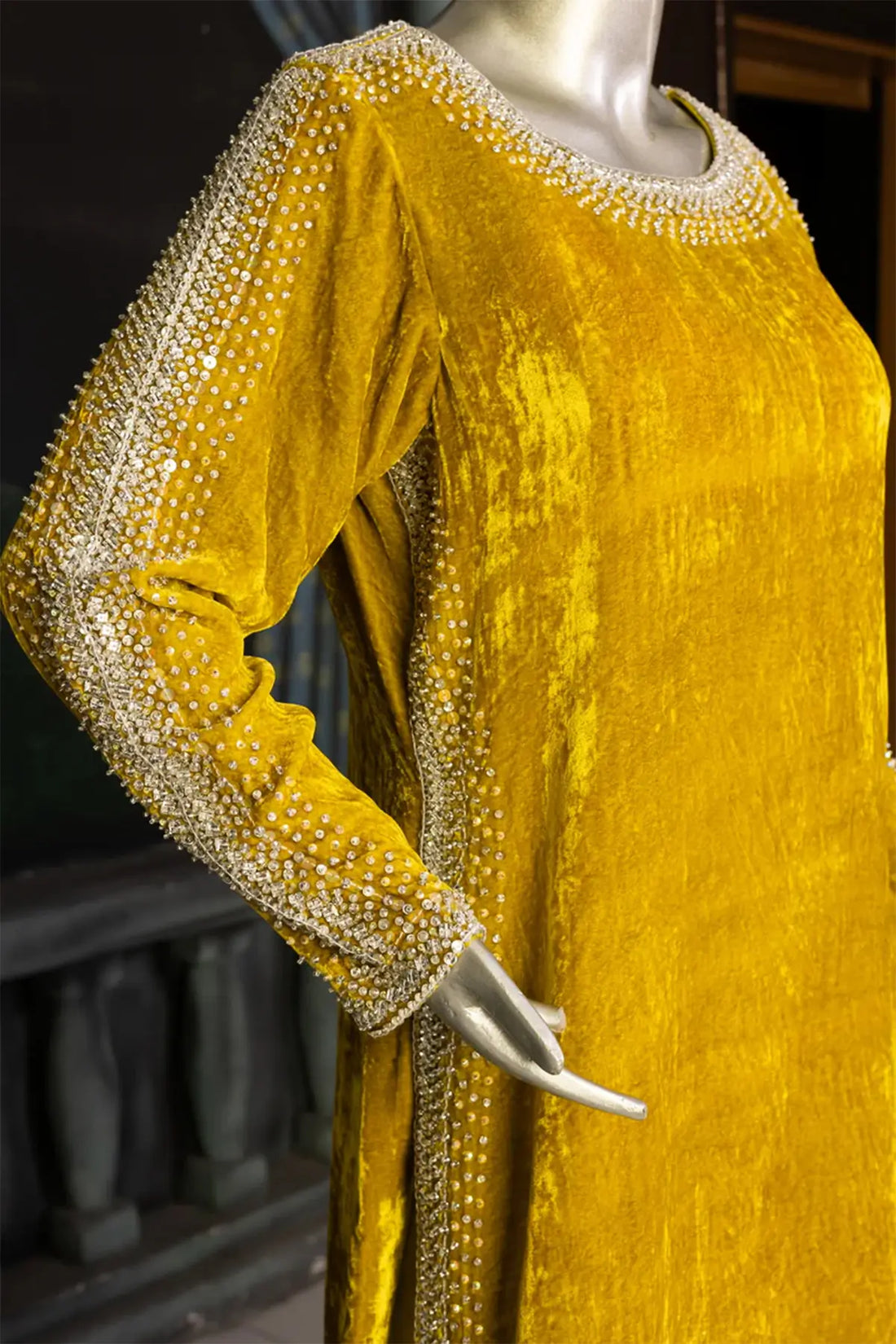 Saffron Glow- Embellished Velvet Straight Shirt Outfit