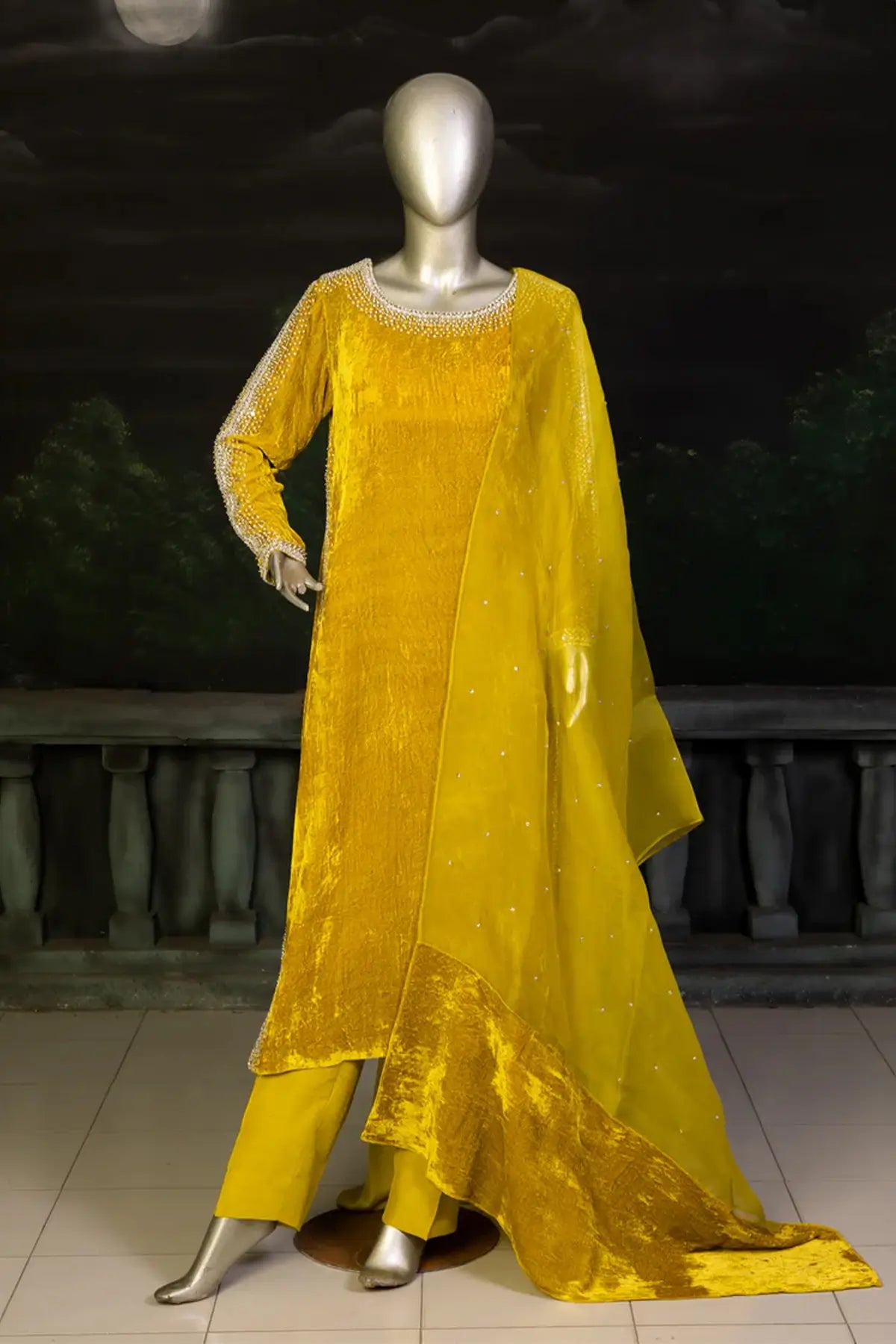 Saffron Glow- Embellished Velvet Straight Shirt Outfit