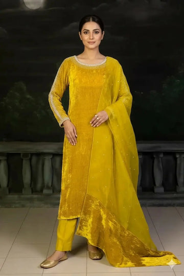 Saffron Glow- Embellished Velvet Straight Shirt Outfit