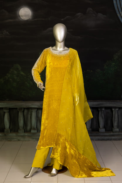 Saffron Glow- Embellished Velvet Straight Shirt Outfit