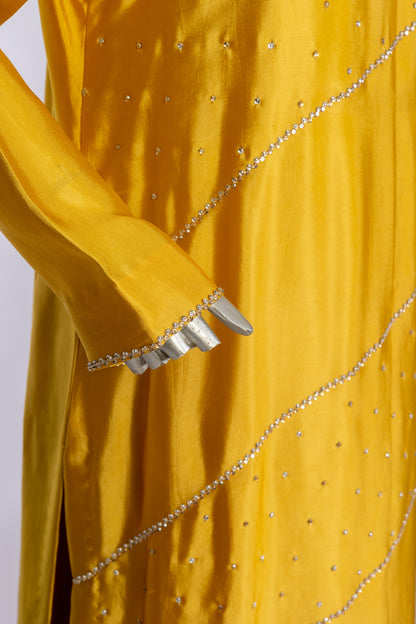 Mustard Yellow Sheesha Silk Outfit with Stone Handwork – Safina