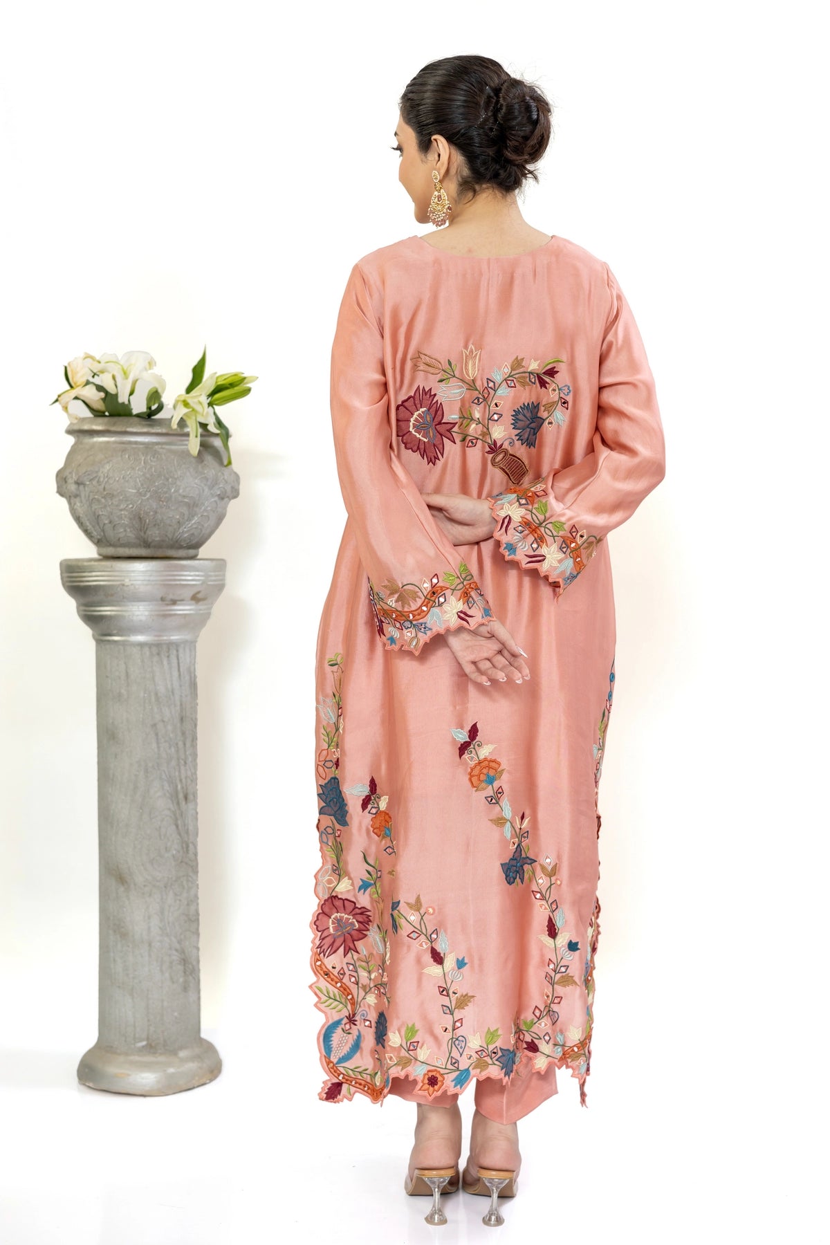 Saim peach pink Sheesha silk embroidered kaftan with chiffon dupatta and Korean pants by MariamRaj