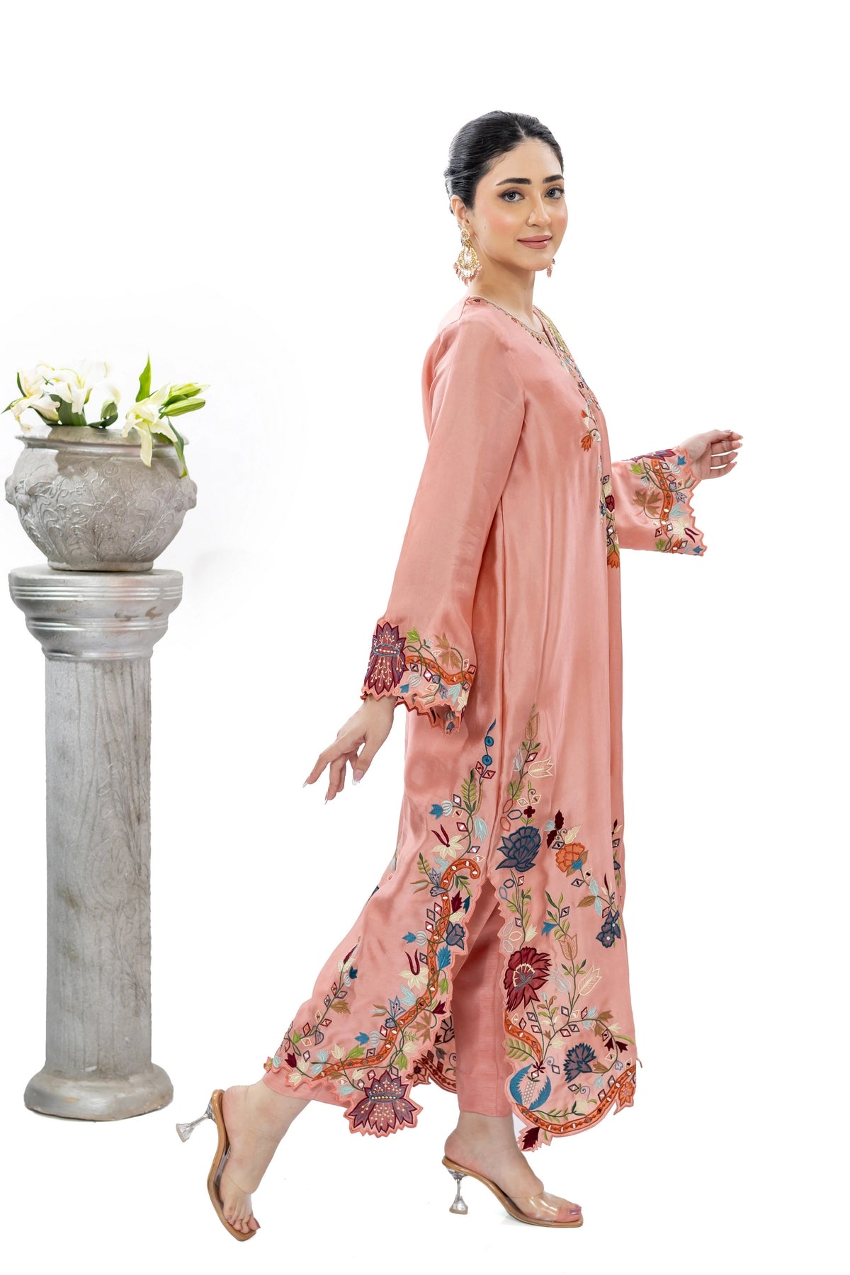 Saim peach pink Sheesha silk embroidered kaftan with chiffon dupatta and Korean pants by MariamRaj