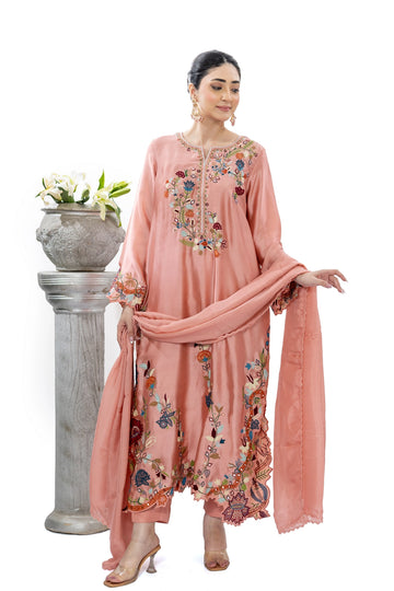 Saim peach pink Sheesha silk embroidered kaftan with chiffon dupatta and Korean pants by MariamRaj