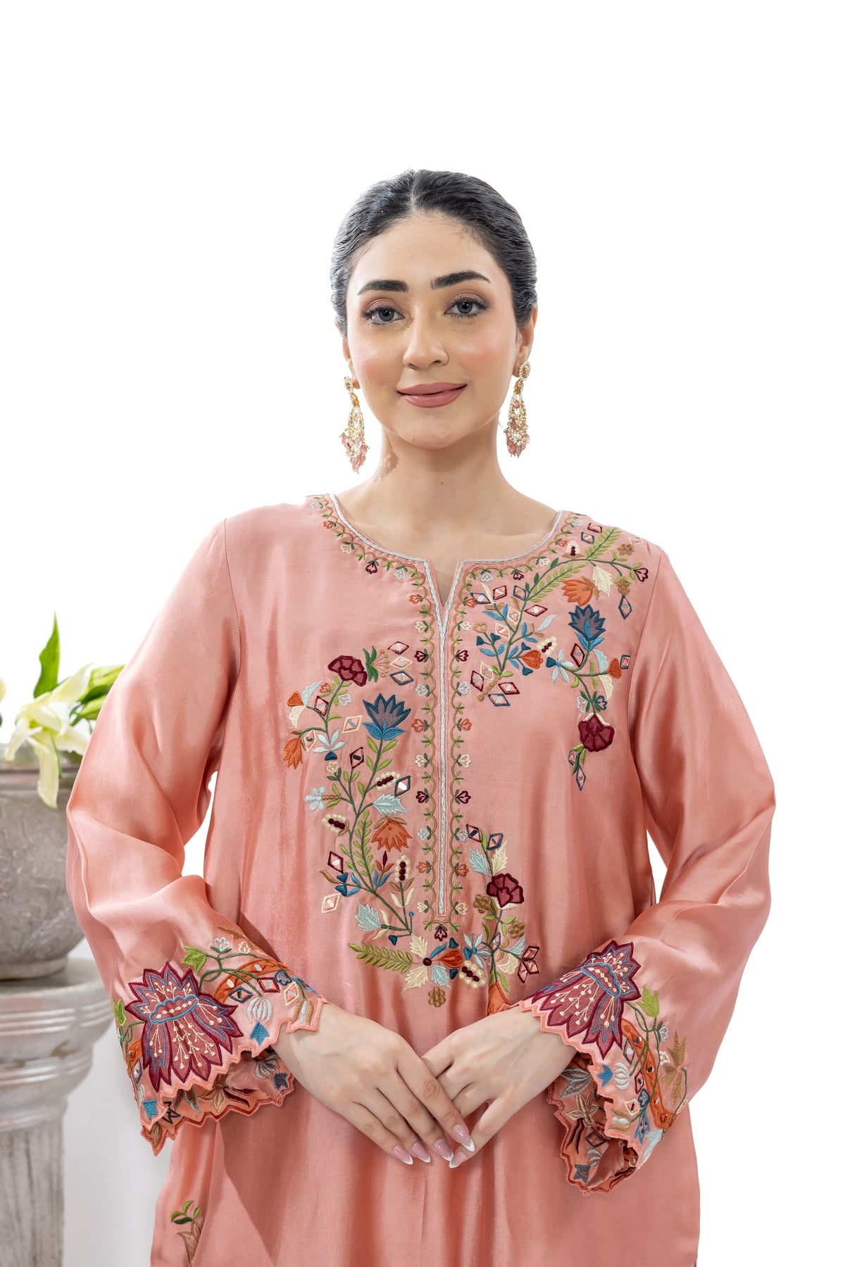 Saim peach pink Sheesha silk embroidered kaftan with chiffon dupatta and Korean pants by MariamRaj