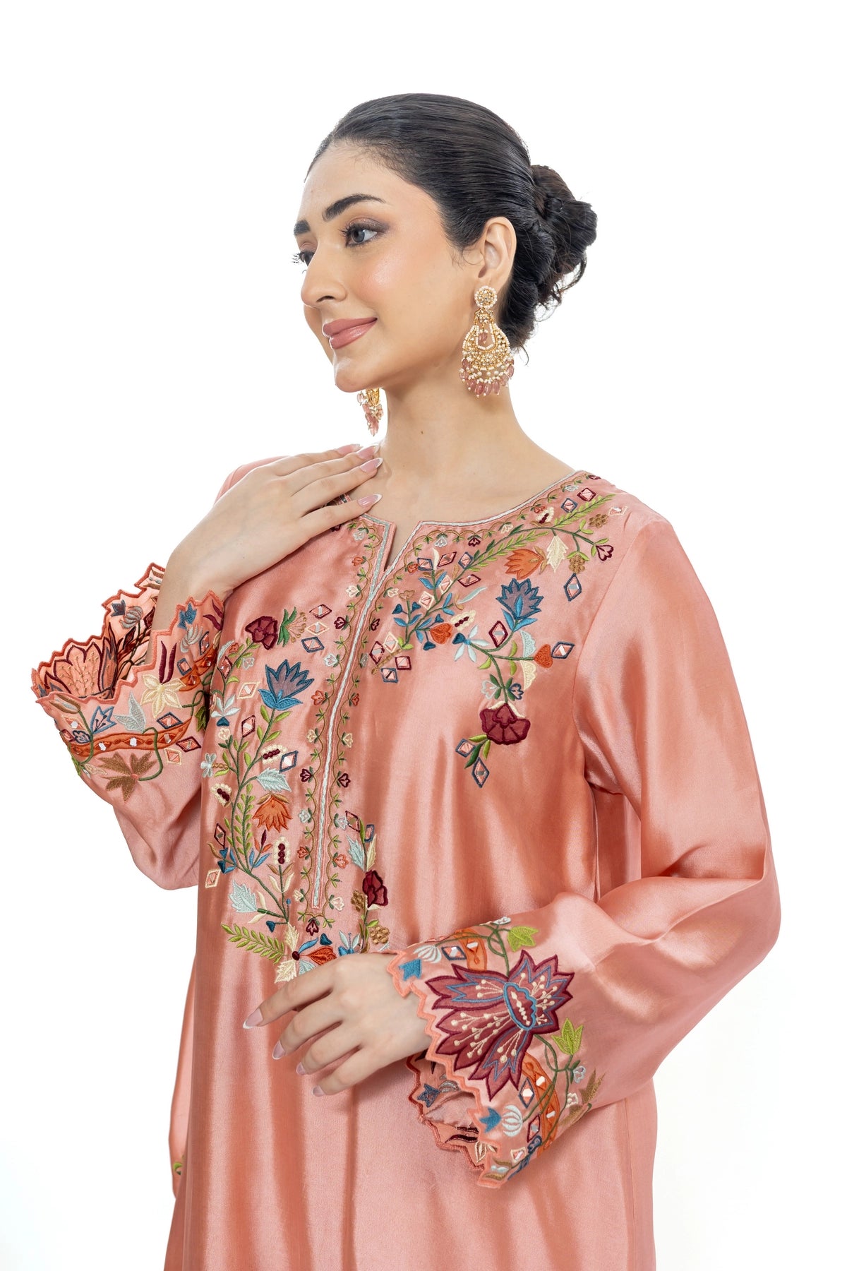 Saim peach pink Sheesha silk embroidered kaftan with chiffon dupatta and Korean pants by MariamRaj